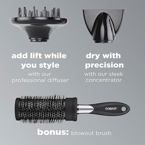 Miniatura 5 de INFINITIPRO by Conair - Secador de pelo, 1875 W, motor de CA de alto rendimiento, secador de pelo Conair Blow Dryer, gris con cepillo de soplado