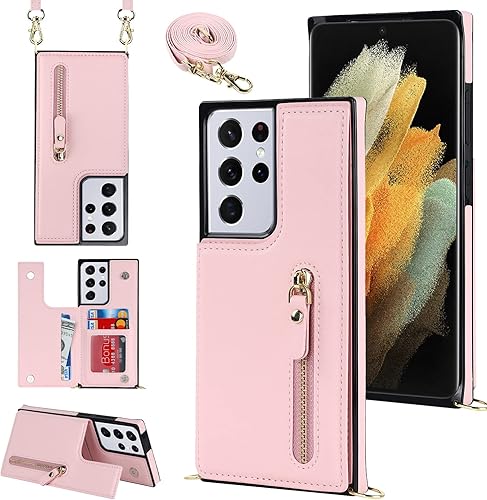 Funda tipo cartera cruzada para Samsung Galaxy S21 Ultra con soporte para ranura para tarjetas de bloqueo RFID, funda magnética con tapa, bolso de