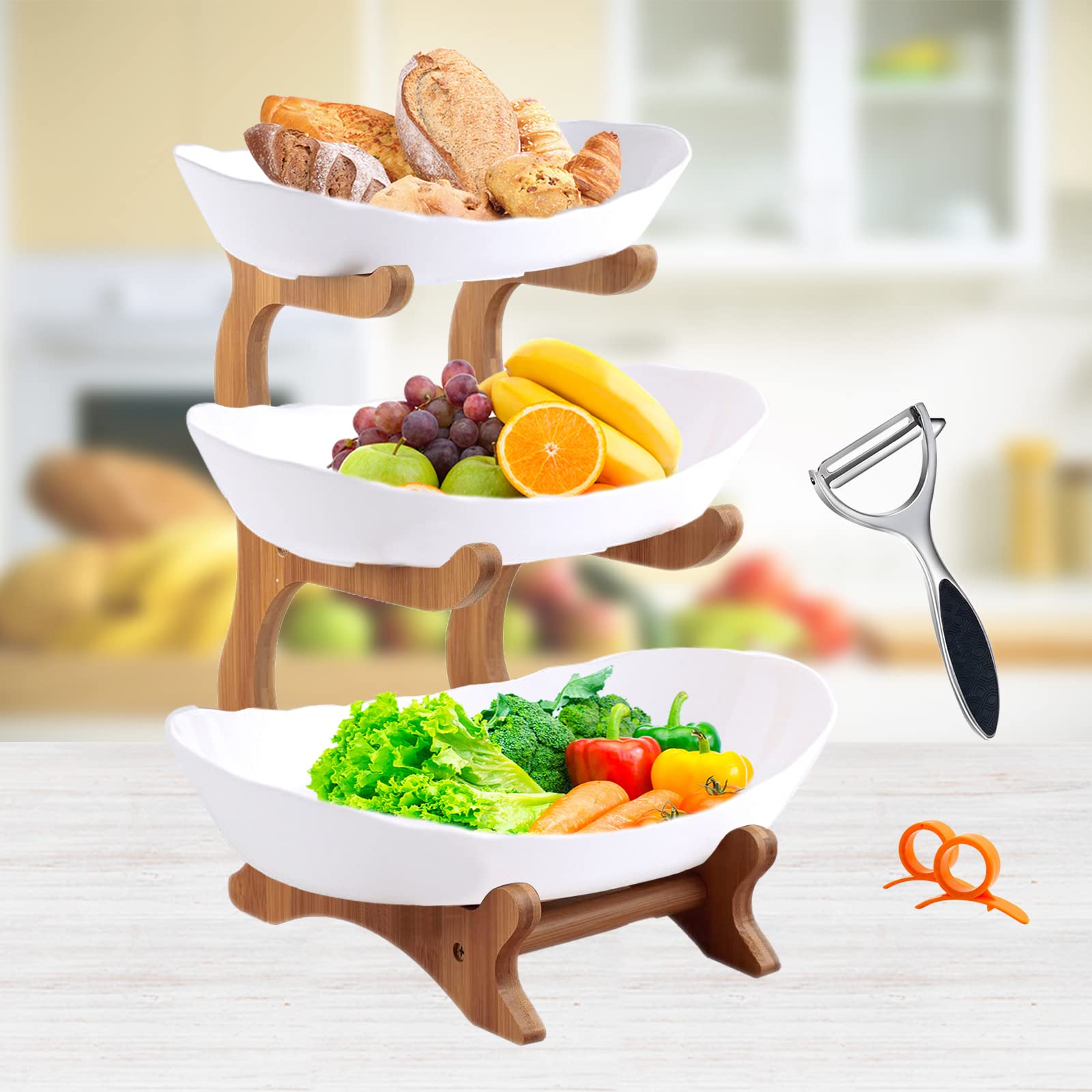 Cesto Portafrutta A 3 Piani In Bambù Per Cucina - Organizer Smontabile Per Frutta, Verdura, Pane E Snack, Eco-friendly E Resistente