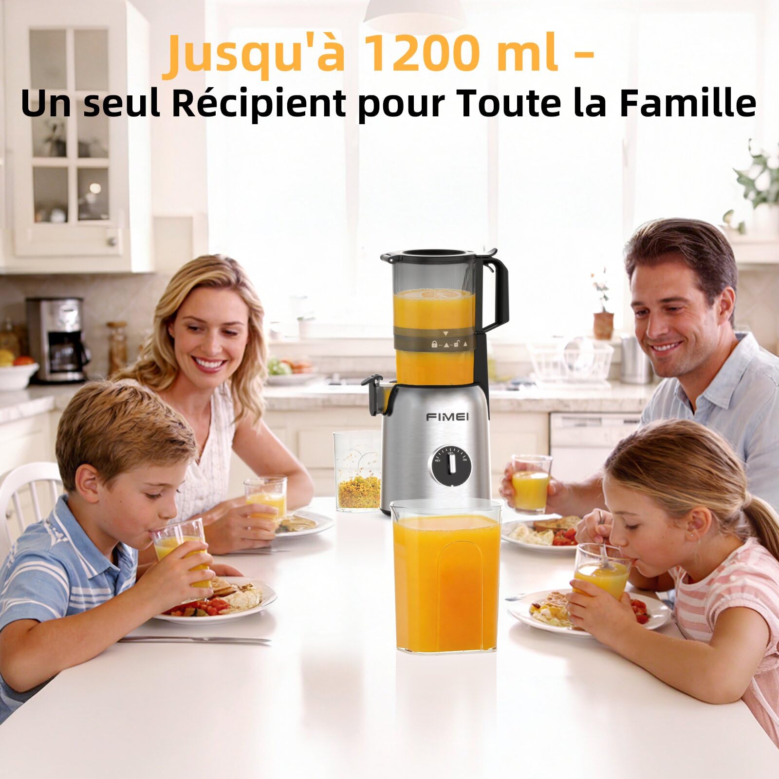 FIMEI Extracteur de Jus, Slow Juicer Grande Ouverture 135mm, Sans BPA, Base Inox, 2 Verres