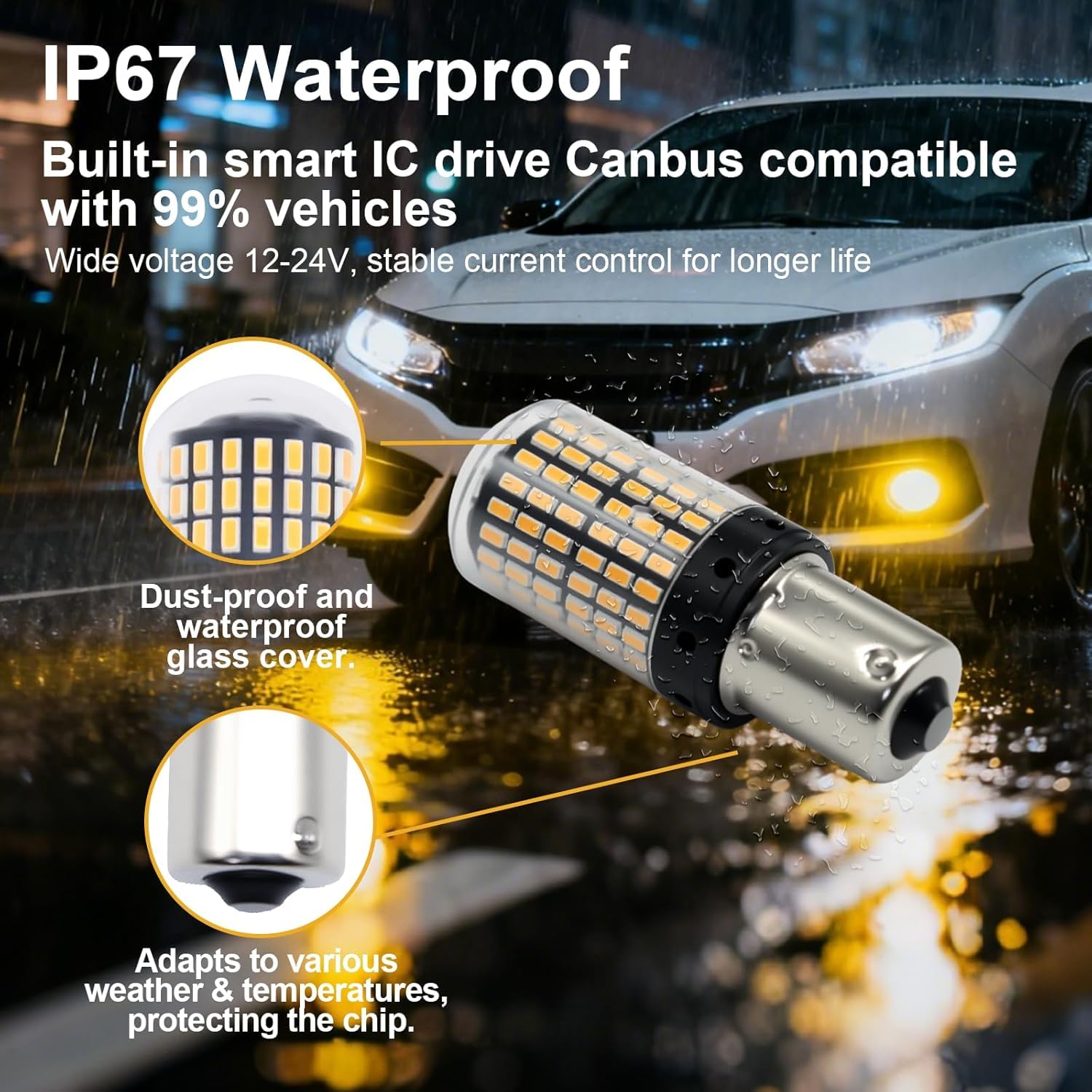 2 sztuki żarówki wskaźnikowe PY21W 581 Amber Yellow 1156 BAU15S LED, bez błędów Canbus, 2800 lm, super jasne przednie i tylne światła kierunkowskazów, 12-24 V, 30 W, 7440, 144 SMD, uniwersalne