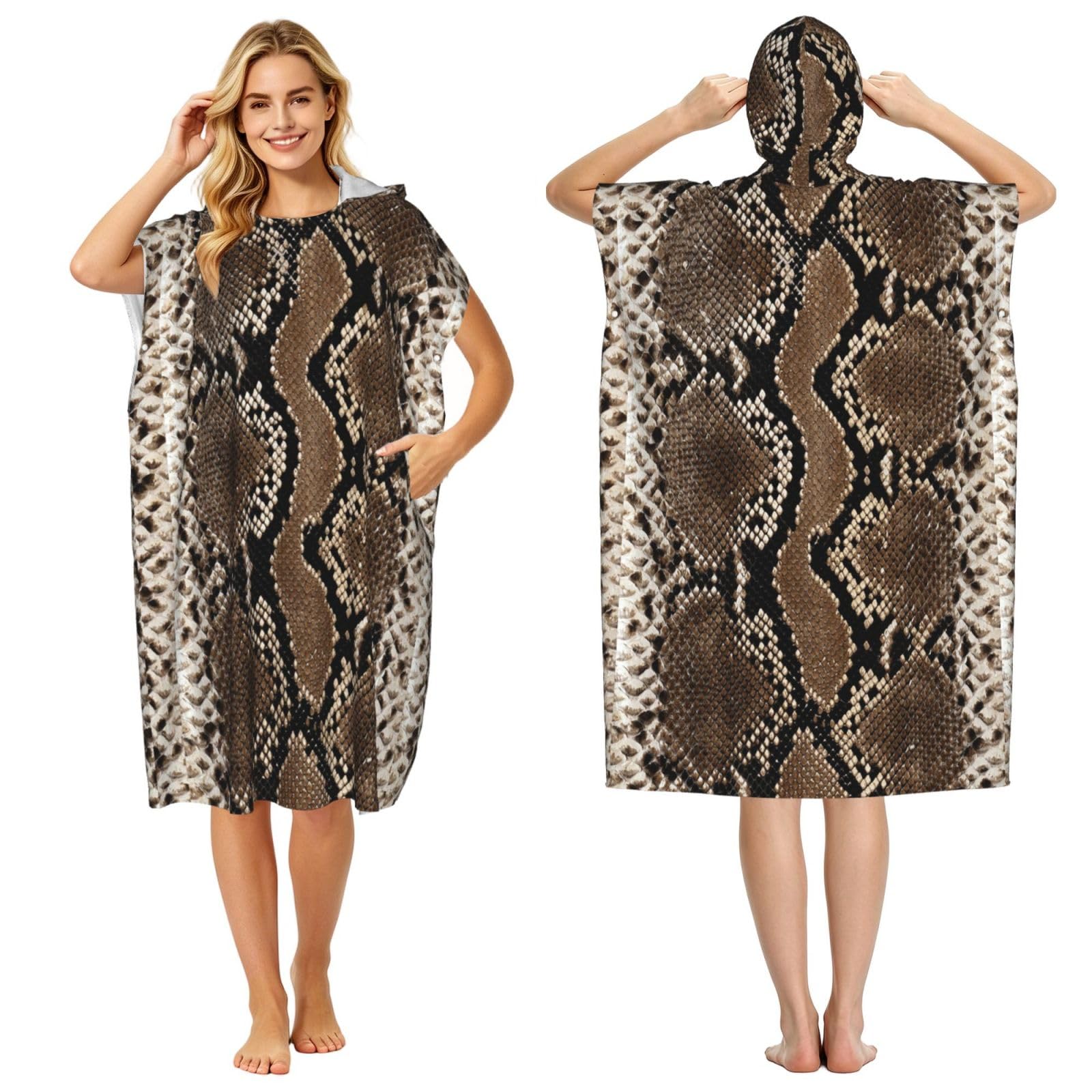 Poadnly Snakeskin Brown, Adult Hooded Beach Towel 90 x 110 cm,Changing Bath Robe, Surf Poncho Towel For Women Men