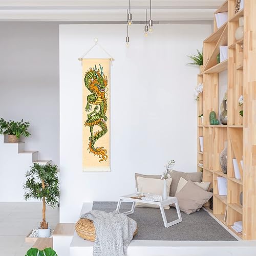 Miniatura 5 de Póster colgante de lienzo para pared, pintura de dragón chino, tinta y acuarela, tapiz de pared con efecto mitológico con 2 borlas y barra colgante