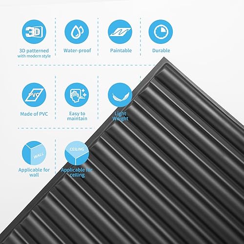 Miniatura 6 de Art3d Azulejos de techo caídos de 2 x 4 pies en negro, paneles de pared 3D de diseño semicilindro de 12 hojas para decoración de pared interior, 24