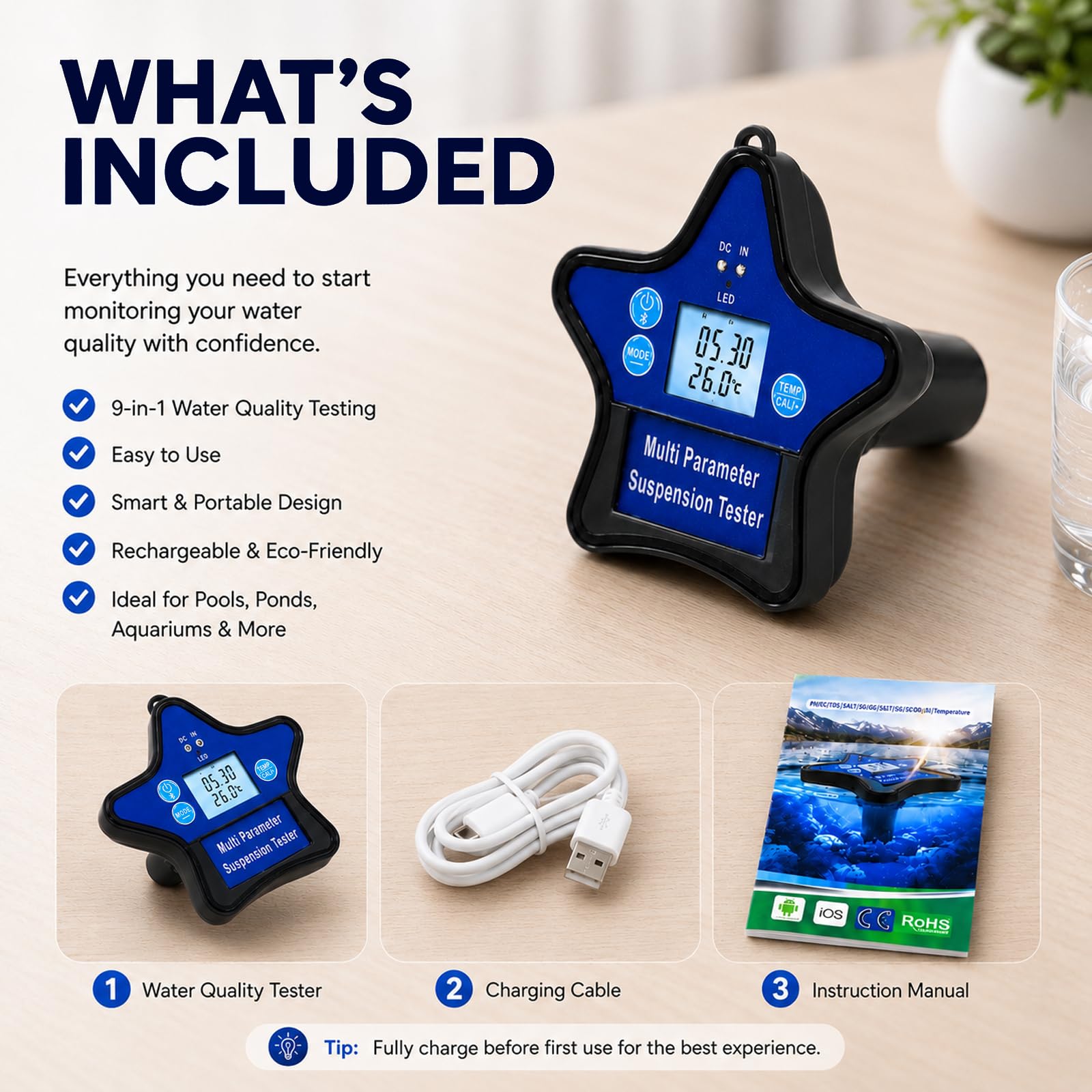Tester Qualité Eau Flottant 9-en-1 | Moniteur Piscine & Hydroponie pH, ORP, CL, EC, CF, TDS, Sel, S.G. & Temp | Design Flottant Rechargeable avec Écran LCD Rétroéclairé & Suivi par Appli
