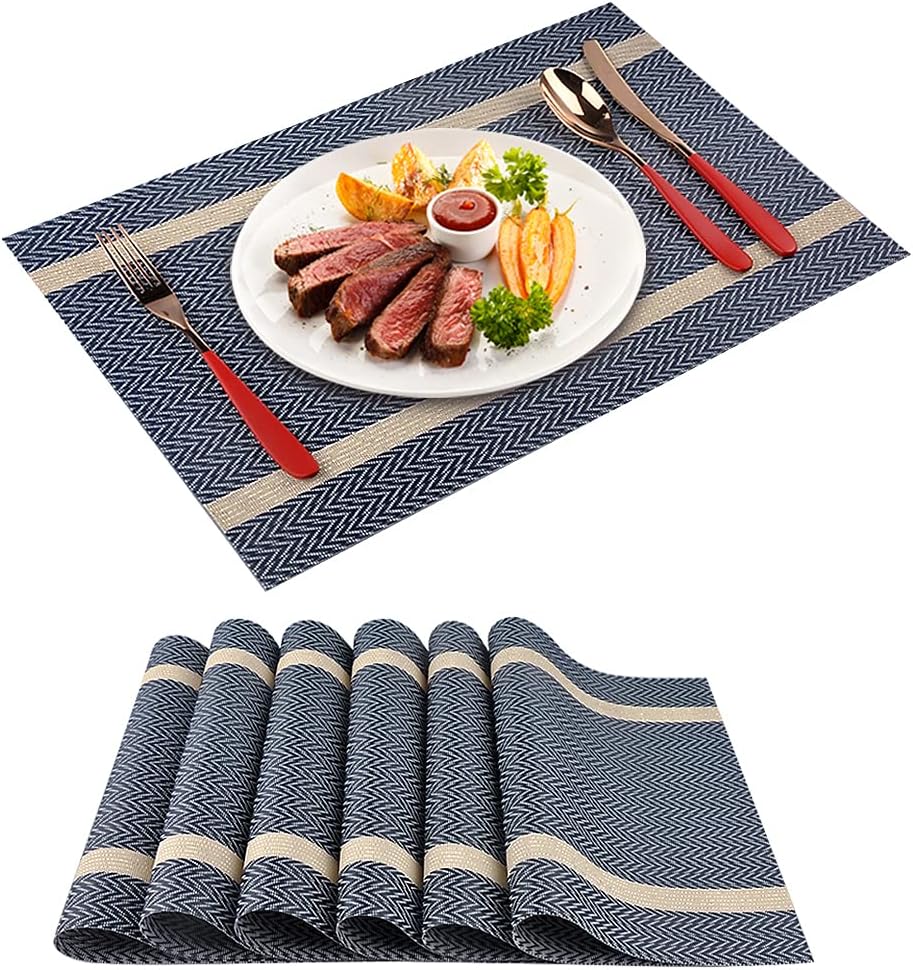 YONOVO 6Pack Faux Leather Placemats Set, Navy Blue PU