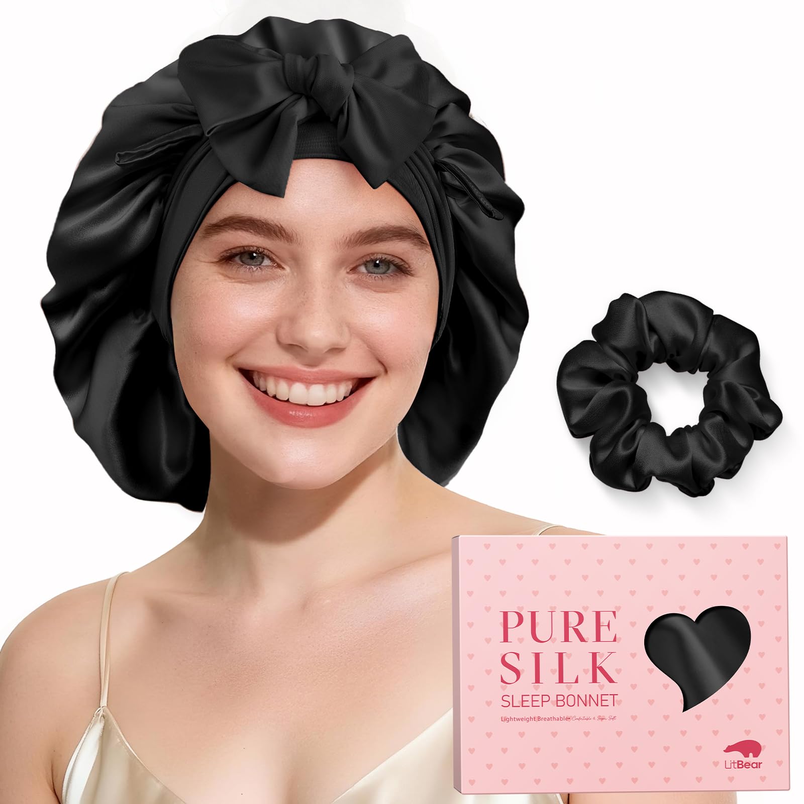 LitBear 22 Momme Seidenhaube zum Schlafen - große doppellagige 100% Silk Bonnet mit verstellbares breites Band, atmungsaktive und Haarschutz mit Seiden-Scrunchie