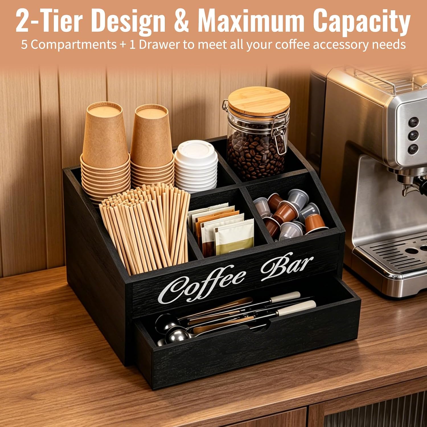 Coffee Station Organizer for Countertop, 2-Tier Wooden Coffee Bar Accessories, Black Dust-Proof Drawer Coffee Holder Storage Basket for Syrups, Pods, Tea Bags & Cups