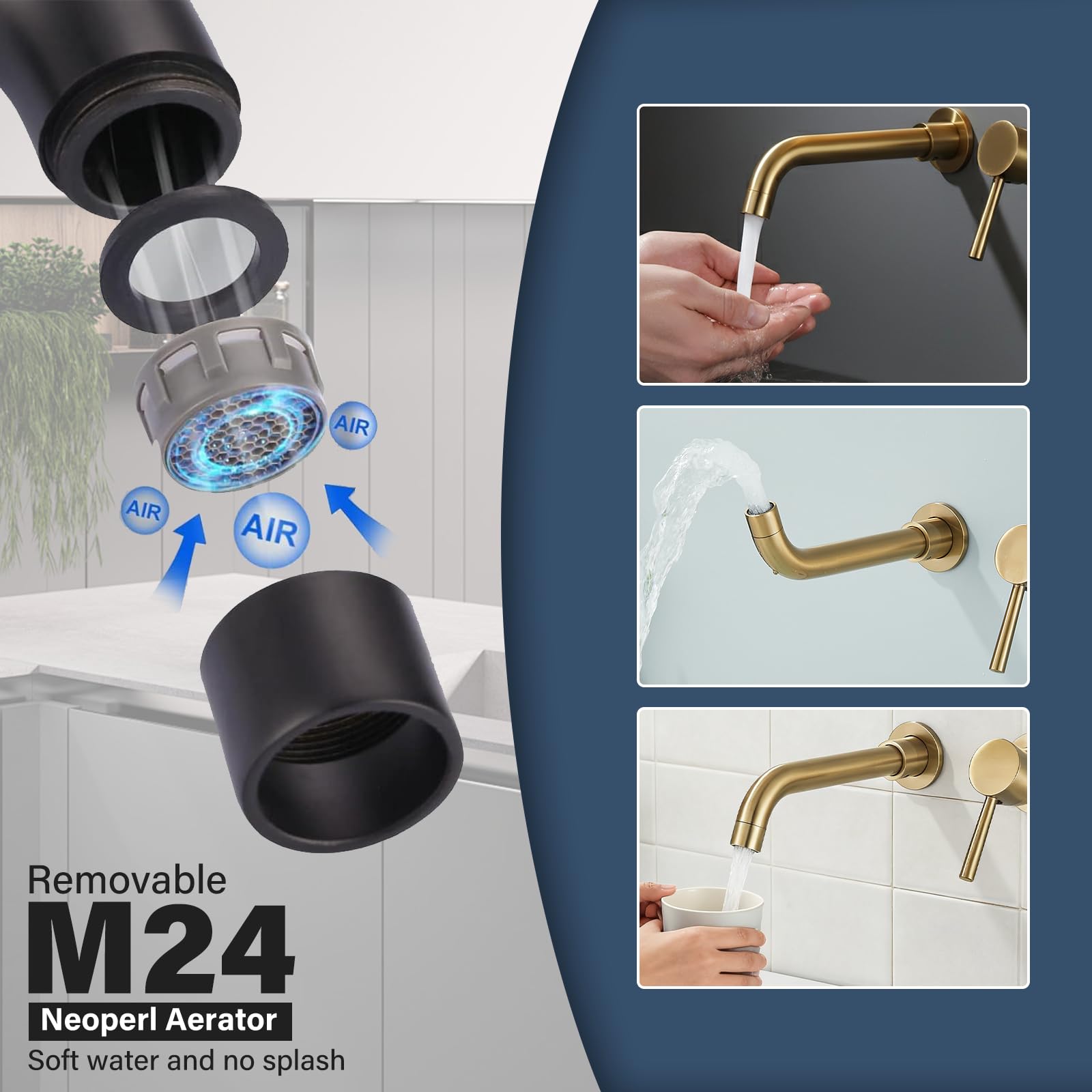 Miscelatore per lavabo a parete girevole a 360 gradi, rubinetto da bagno per vasca e lavabo, rubinetto da incasso, lavabo a parete, design moderno, oro spazzolato