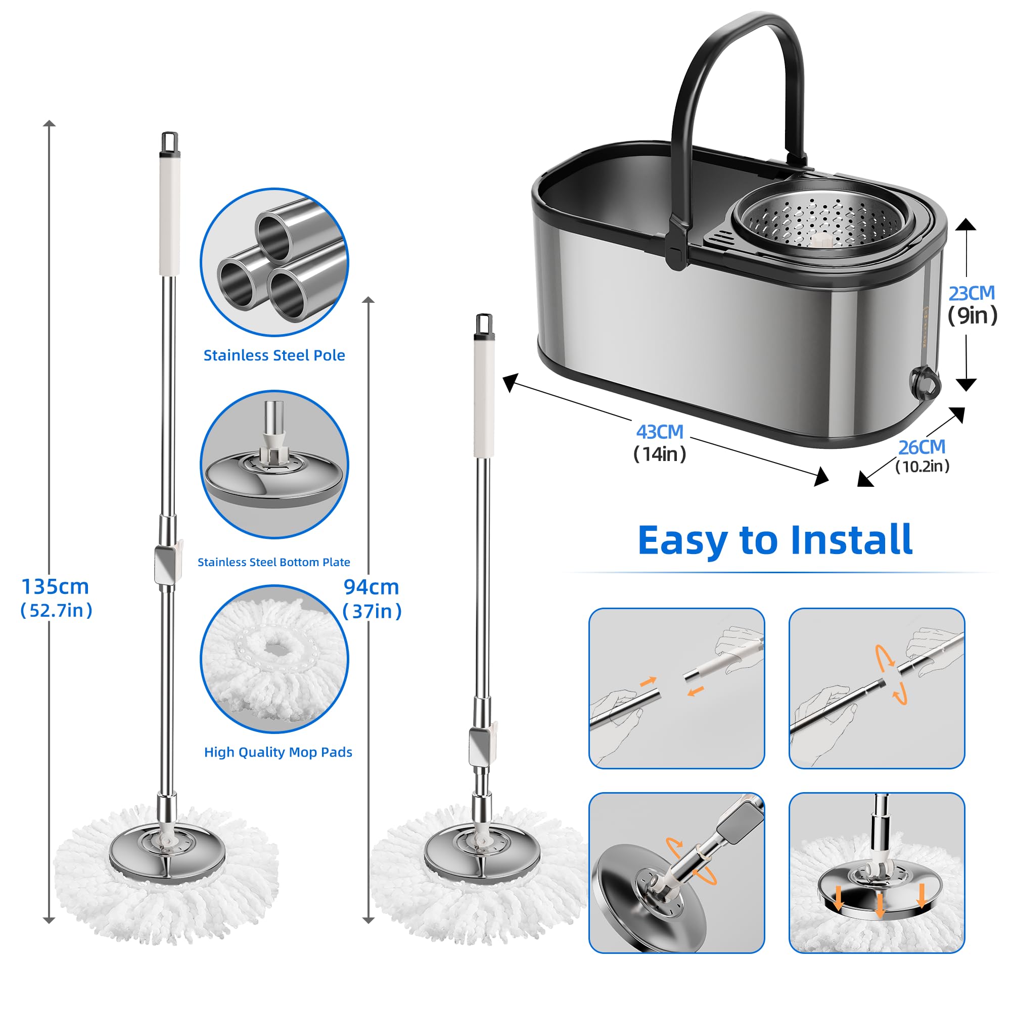Sistema de Cubo de fregona de Ciclo Giratorio de Acero Inoxidable y Juego de fregona giratoria de 360° para Limpieza de Suelos con 6 Almohadillas de Repuesto de Microfibra, Mango Ajustable de Acero