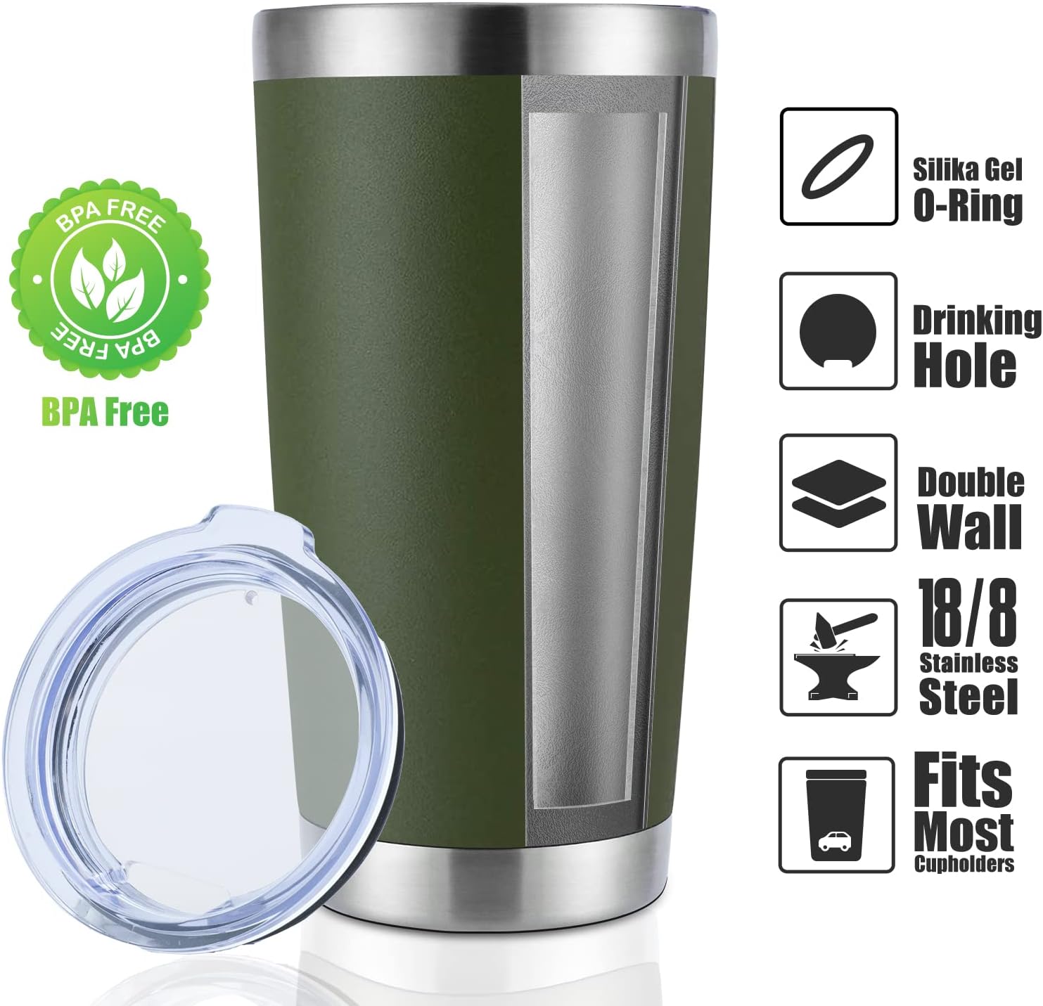 DOMICARE 20oz Stainless Steel Tumbler Bulk with Lid, Double Wall Vacuum Insulated Travel Mug, Powder Coated Coffee Cup, Army Green, 1 Pack - Image 2