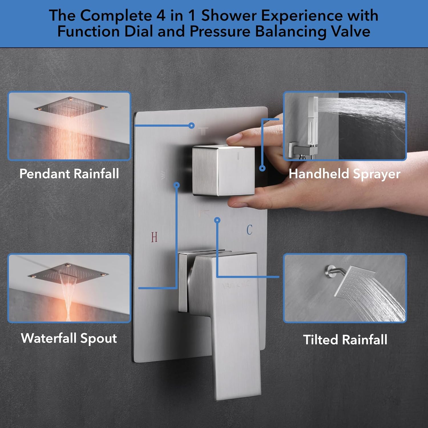 VANFOXLE Shower Faucet Set Brushed Nickel Shower System,Shower Faucet with 2 in 1 Handheld,Ceiling Mount 16 Inch Shower Head+6 Inch Shower Head(Rough-in Valve Body and Trim)