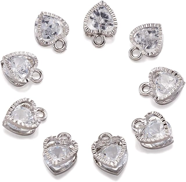 Craftdady 100pcs Cubic Zirconia Heart Shape Charms Pendants Clear CZ Crystal Pendants with Platinum Color Metal Frame for Jewelry Making