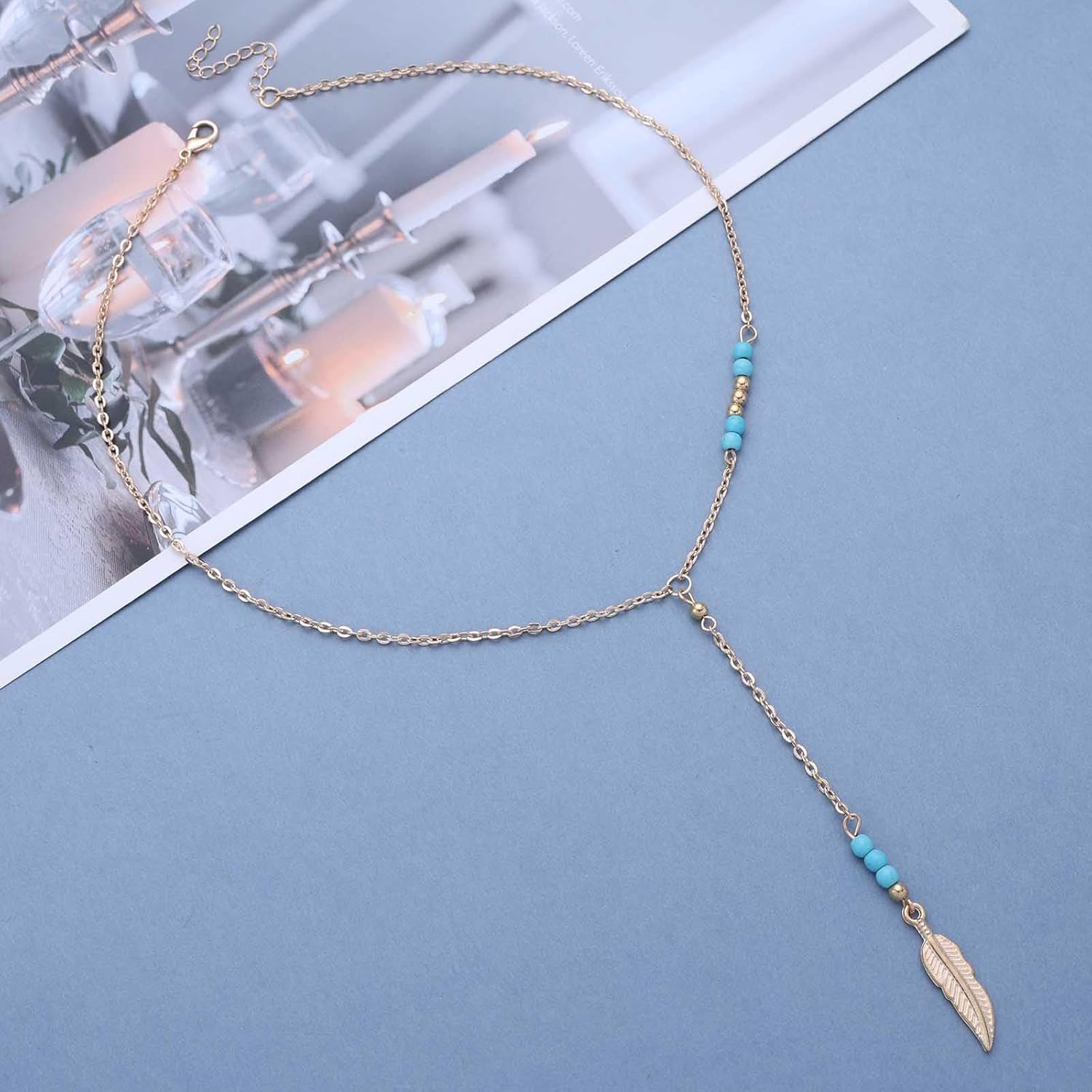 Andelaisi Boho Turquoise Y Lariat Necklace Vintage Long Feather Pendant Necklace Gold Turquoise beads Choker Necklace Adjustable Leaf Y Chain Necklace Jewelry for Women - Image 3