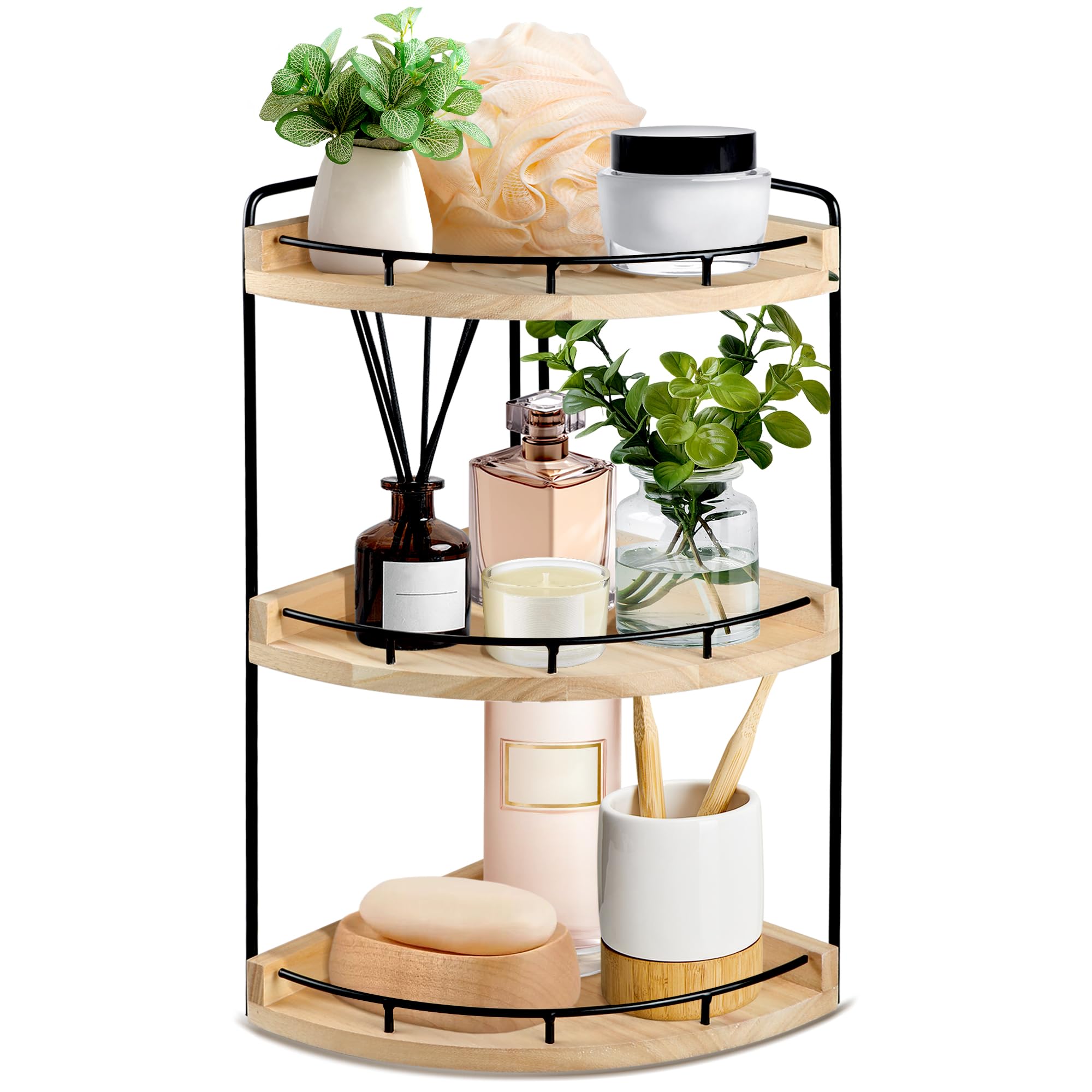 Alytree 3 Tier Bathroom Counter Organizer, Bathroom Counter Tray and Vanity Organizer, Wood Corner Countertop for Kitchen, Dresser (Rustic Wood)