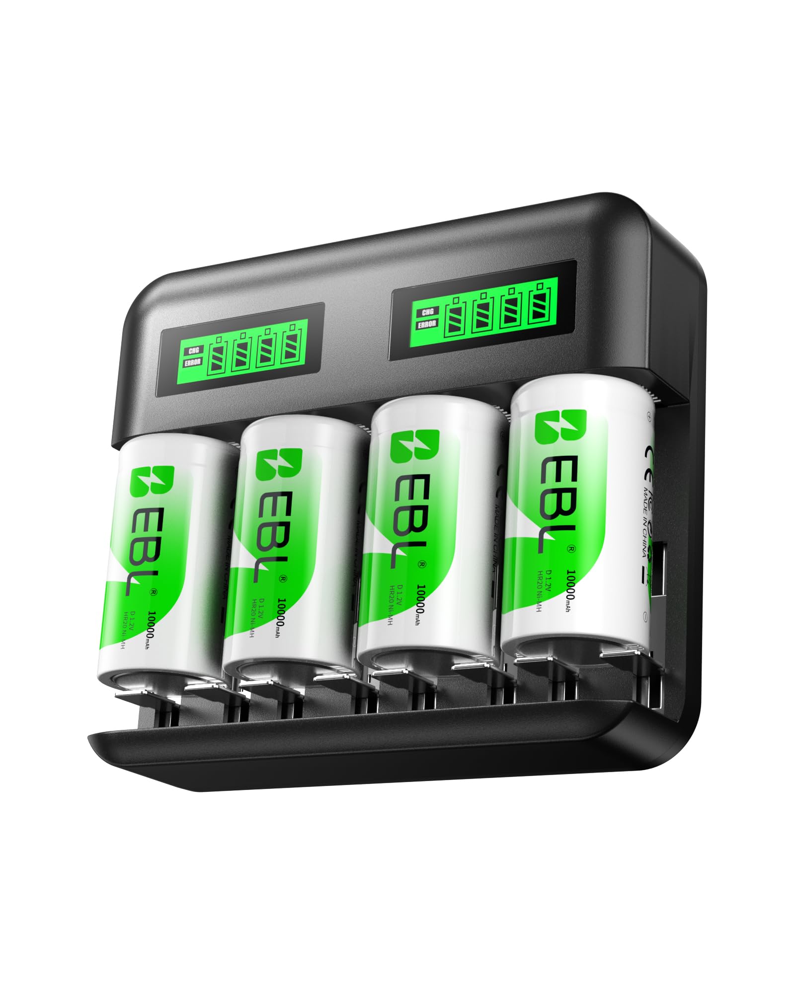 EBL Rechargeable D Batteries 4 Pack 1.2V 10000mAh High Capacity with LCD Smart Battery Charger for Ni-MH AA AAA C D Rechargeable Batteries