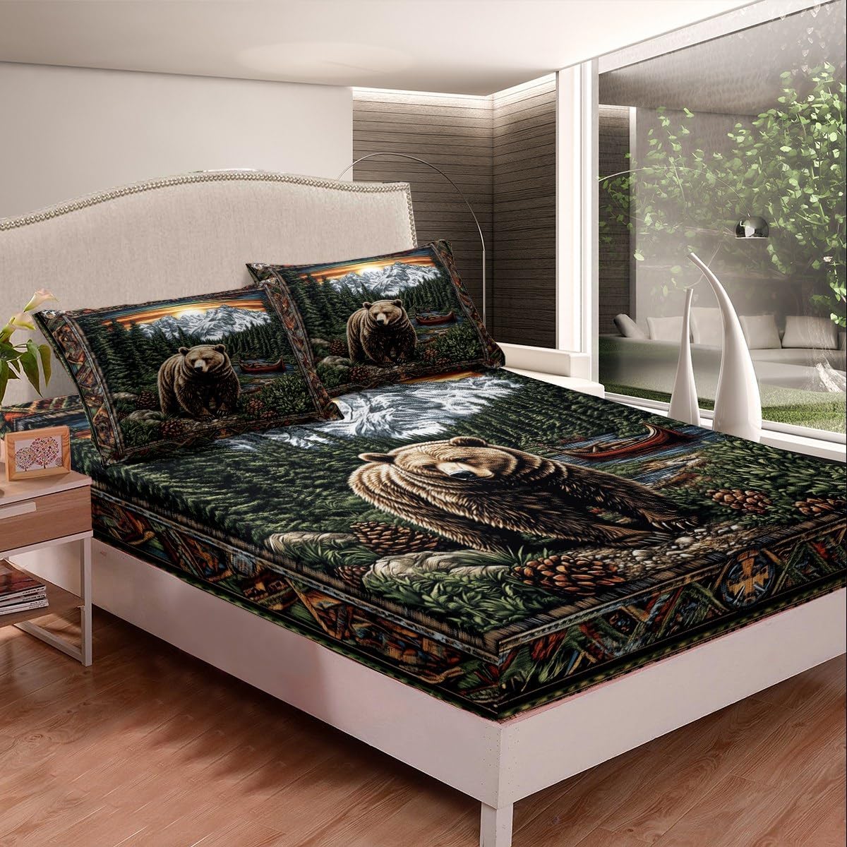 Wildlife Animals Hunting Theme Full Size Fitted Sheet No Top Sheet,Lake House Trees Pinecone 3 Pieces Kids Teenager Room Decor Bear Print Pocket 2 Pillowcases