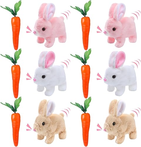 Lenwen Juego de 6 juguetes interactivos de conejo, juguetes electrónicos de peluche con conejito de zanahoria, juguete de peluche saltando, conejo