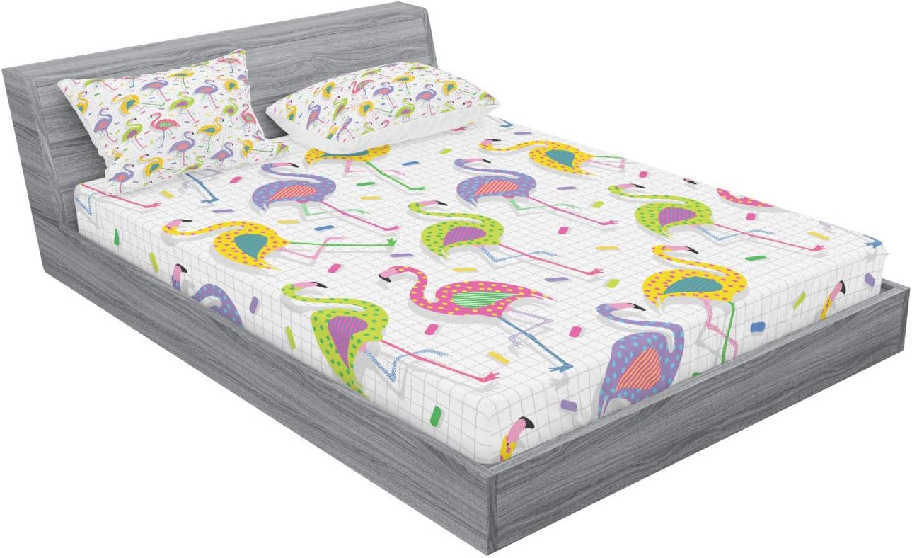 Ambesonne Flamingo Fitted Sheet & Pillow Sham Set, Colorful Retro Vintage Flamingo Patterns in Polka Dot Design Checked Background, Decorative Printed 3 Piece Bedding Decor Set, Queen, Multicolor