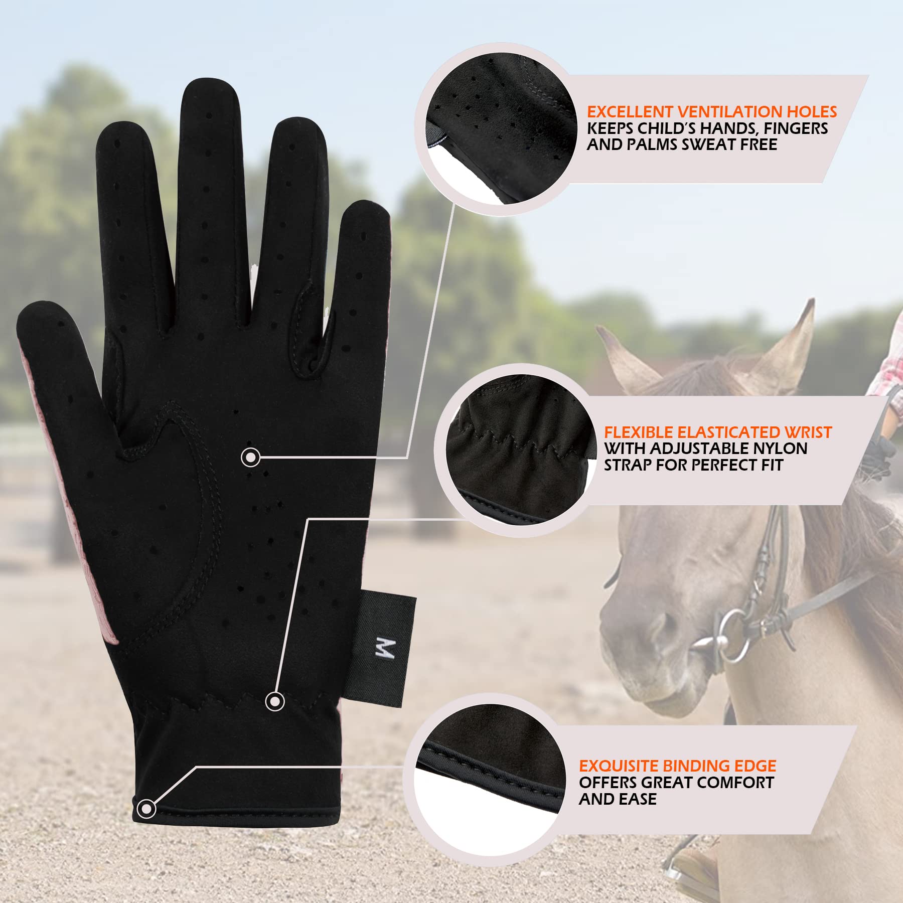 Thapower Guantes de equitación para niños, guantes de equitación ecuestre de malla, guantes de equitación para niños y niñas, ideales para ciclismo, jardinería, rosa, M