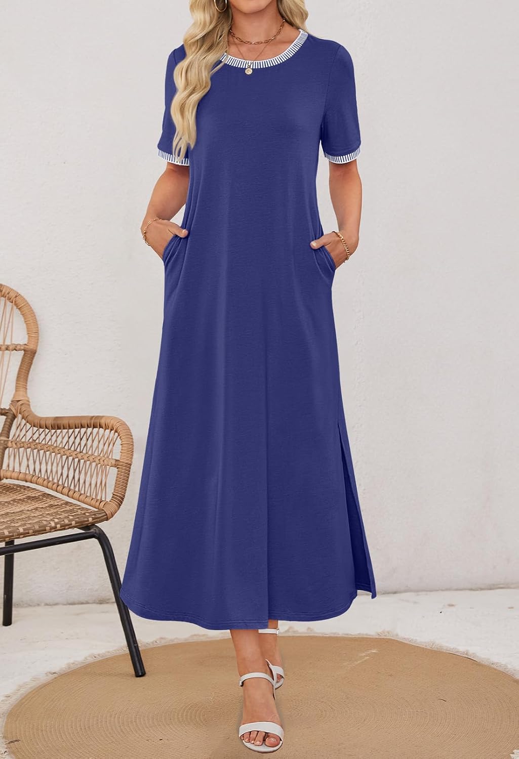 MEROKEETY Women's 2025 Summer Casual Maxi Dress Spring Beach Vacation Short Sleeve Crewneck Split Midi T Shirt Dresses - Image 6