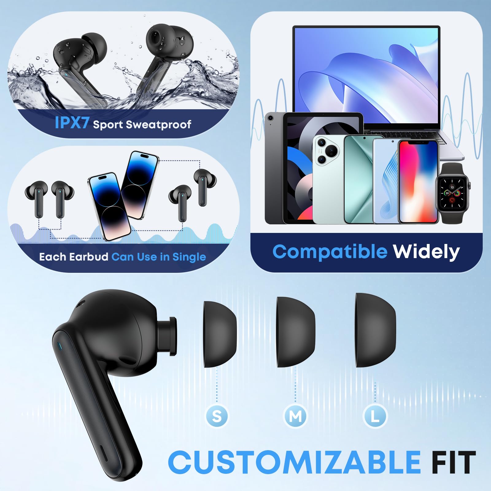 Wireless Earbuds, Bluetooth 5.3 Headphones HiFi Stereo 50H Playback LED Digital Display Ear Buds with ENC Noise Canceling Headset, IPX7 Waterproof Earphones for Gym/Running/Work Black - 5