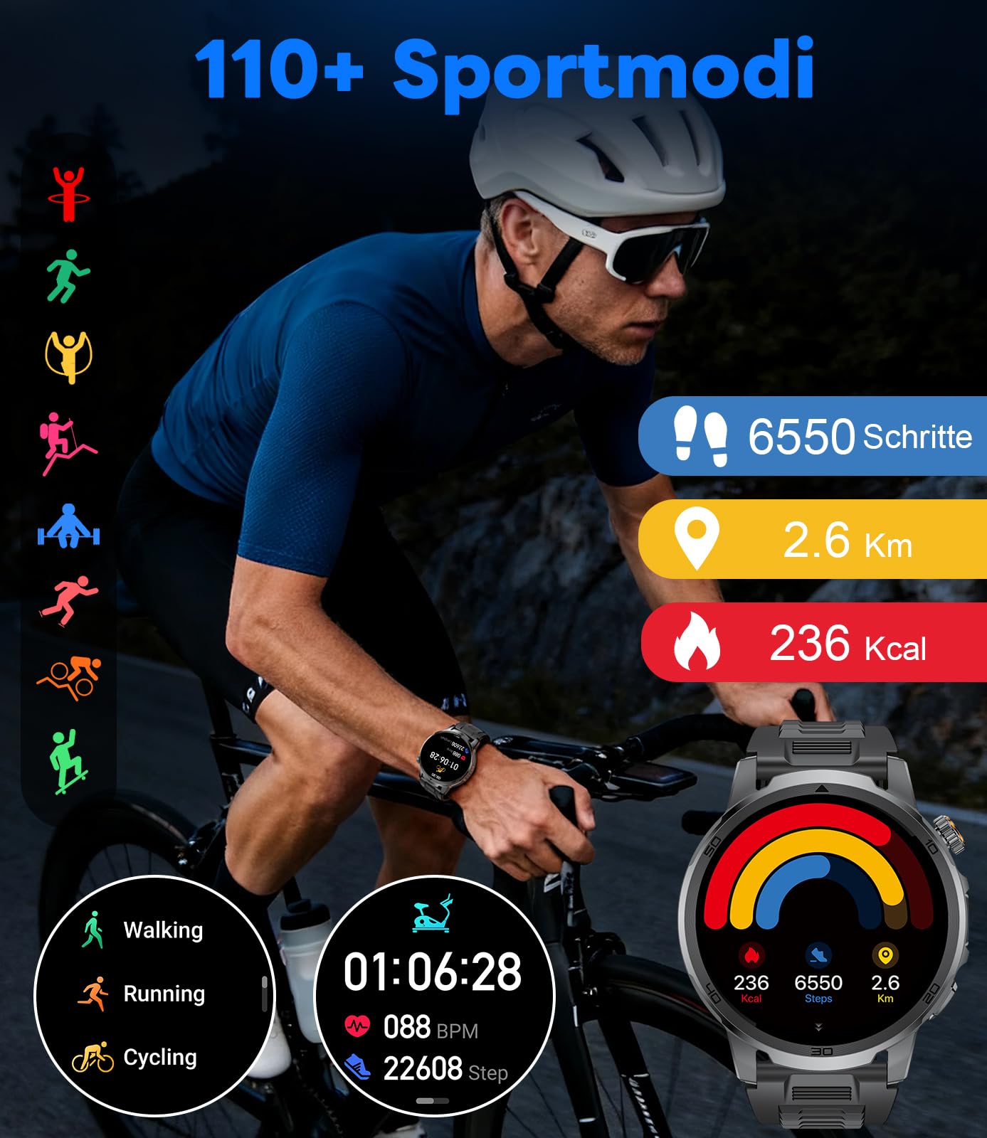 Smartwatch Herren mit 1000 mAh, 1,85" HD Großes Touchscreen Militär Uhr Smartwatch mit LED Licht, Telefonfunktion, Herzfrequenz, Schlafmonitor, IP68, 110+Sportmodi Fitnessuhr für iOS/Android