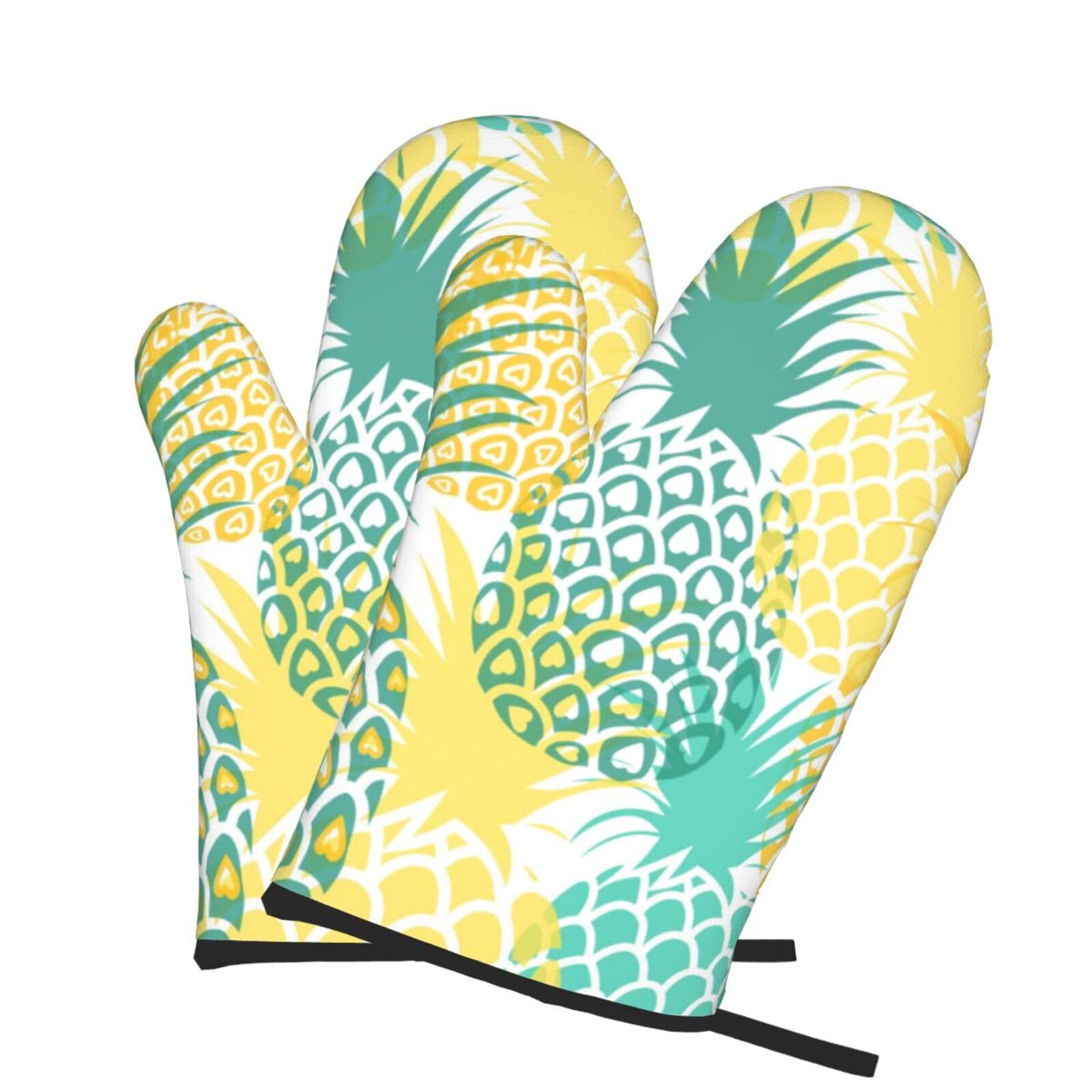 Oven Mitts Set of 2 Pcs, Tropical Pineapple Prints Heat Resistant Kitchen Gloves for Cooking Baking Grilling