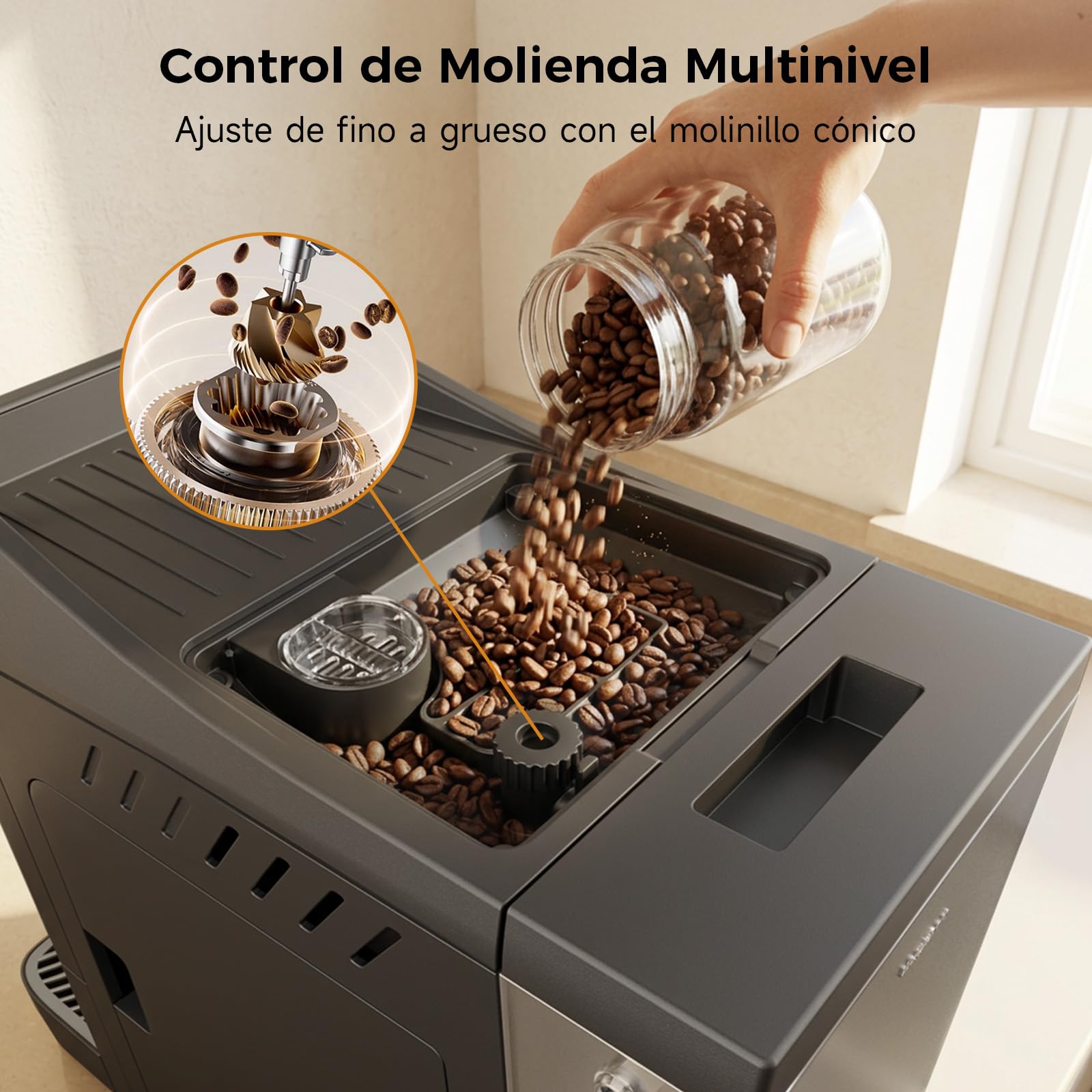 Woox Cafetera Superautomática de 20 Bares – Máquina de Café con Molinillo y Espumador de Leche, Tanque 1,5L, One-Touch, Autolimpieza, Cafetera Profesional para Hogar y Oficina
