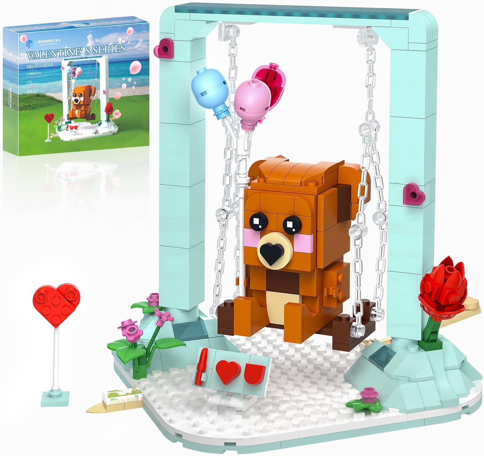 Nubee Valentine’s Brown Bear Building Toys Compatible for Lego, Cute Swing Bears Building Sets with Heart, Flowers, I Love You, Cupid's Arrow, Birthday Valentine Gifts for Boys Girls Aged 8+