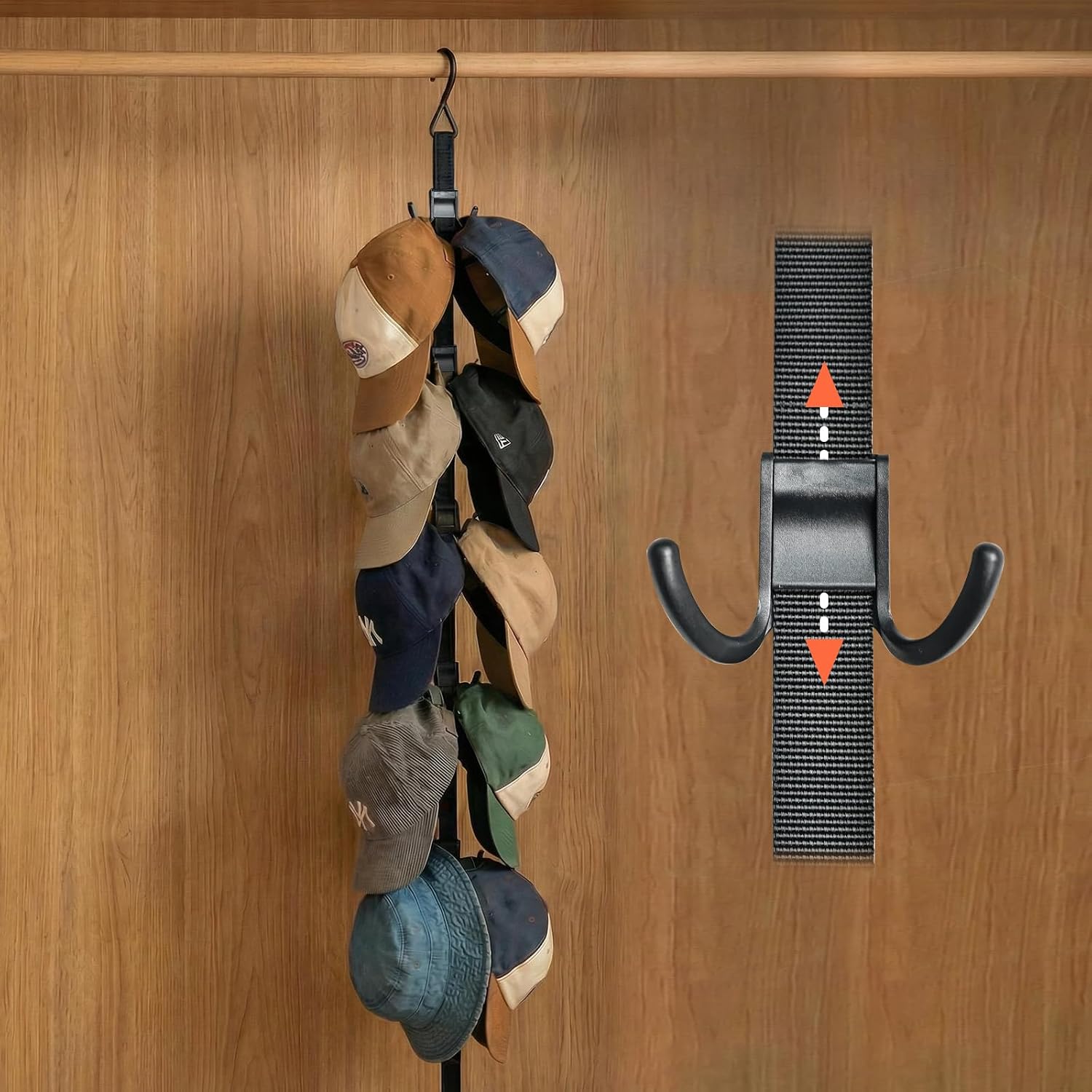 Hat Organizer for Closet, Hat Rack for Door with 6 Durable Adjustable Hooks & Storage Bag, Height 66 in Hat Storage for Home Dorm Room Travel Outdoor