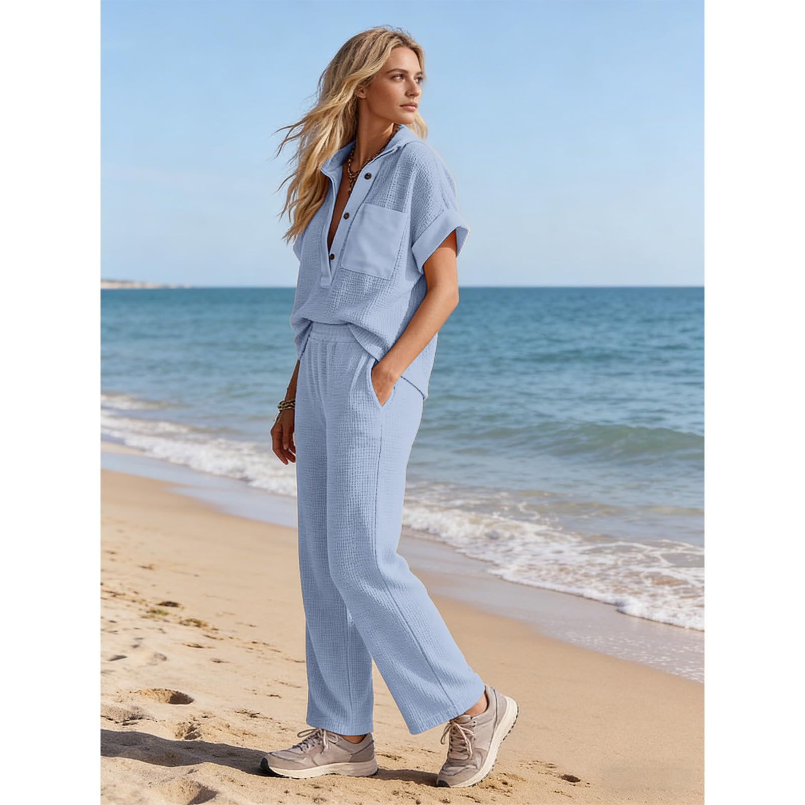 amropi Donna Estivo Tuta in Waffle Maniche Corte Scollo a V Camicia con Bottoni e Pantaloni da Jogging 2 Pezzi Sportivo Completo