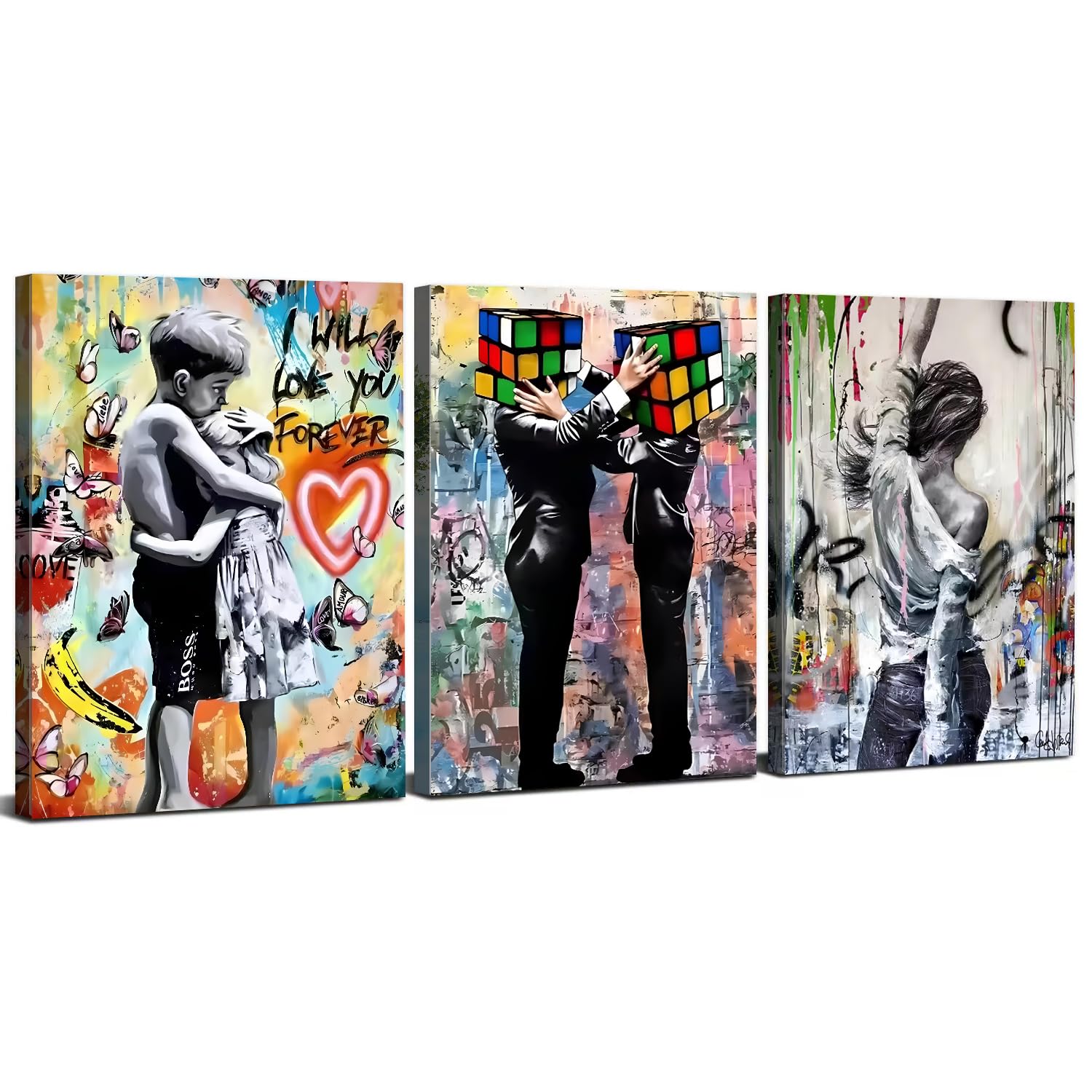 Set of 3 Banksy Canvas Wall Art for Living Room Abstract Graffiti Wall Decor Colourful Street Pop Art Hallway Decor Modern Urban Pop Art Paintings for Bedroom Office Home Decoration 30x40cm 3Pcs — image 1