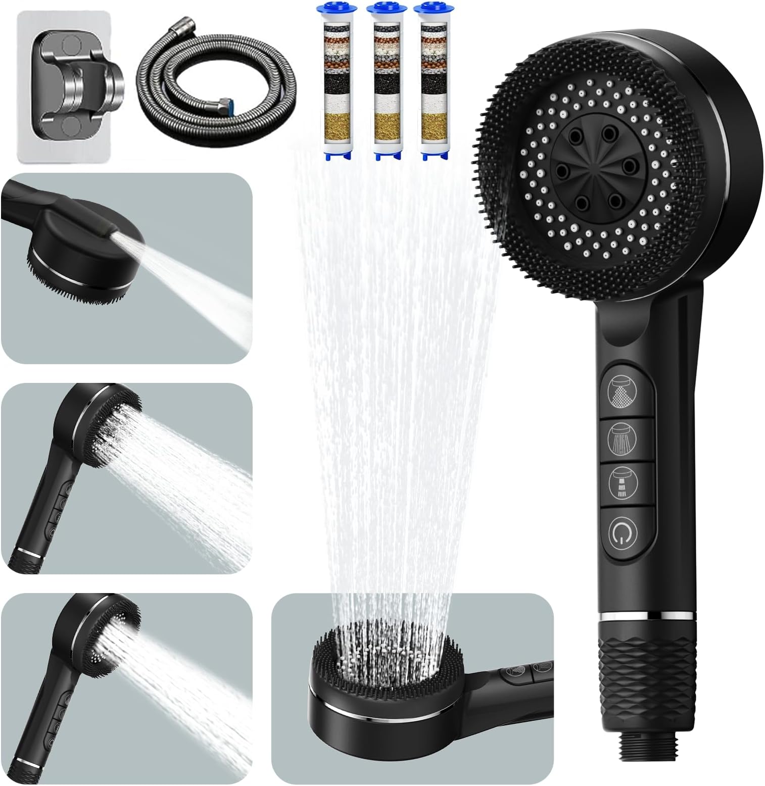 Shower Head with High Pressure (Clean Tub & Pet), Multi-Mode Shower Heads with 1.5M Hose and Holder, Filtered Showerhead Remove Chlorine, Massage Shower Heads with ON/Off Switch (Black)