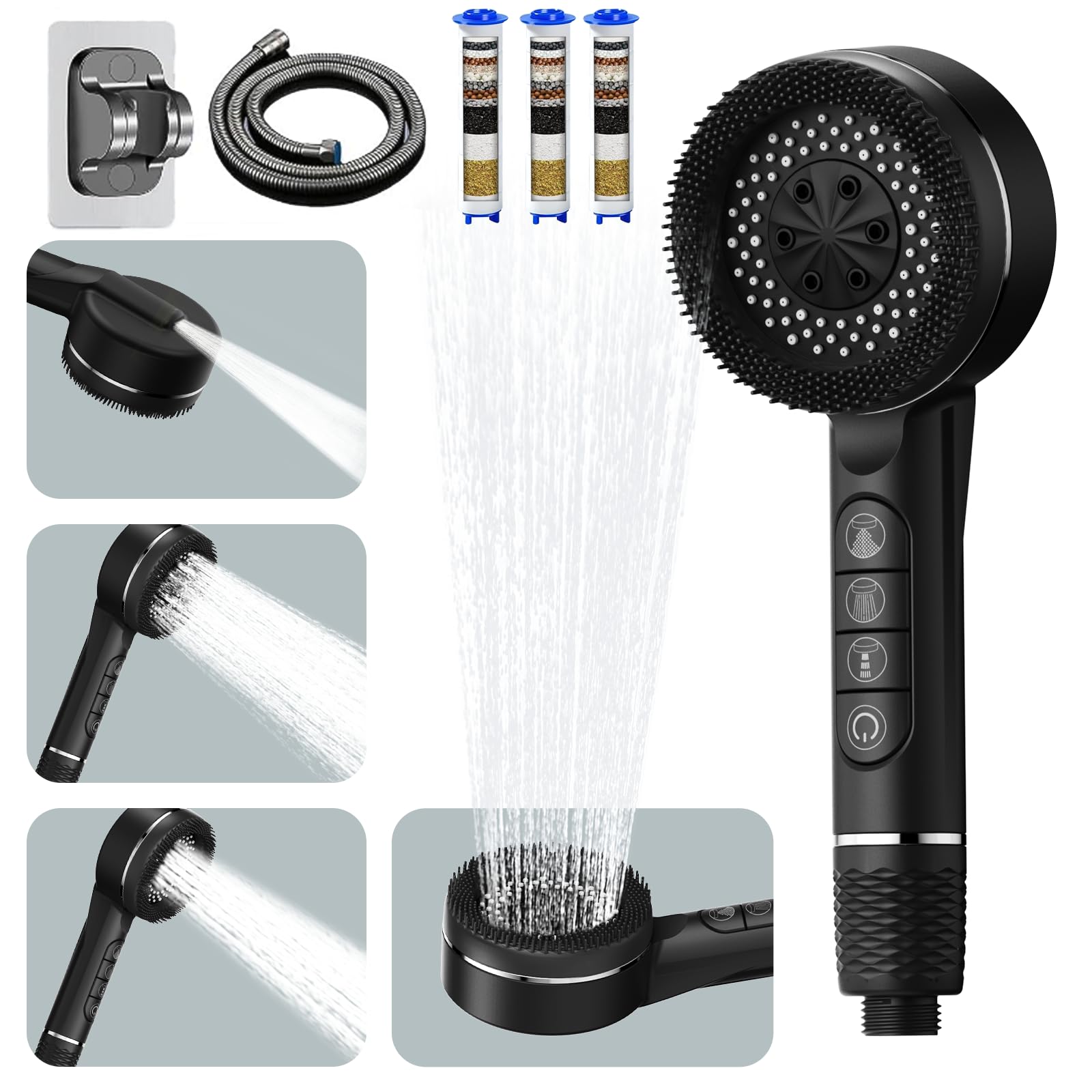 Shower Head with High Pressure (Clean Tub & Pet), Multi-Mode Shower Heads with 1.5M Hose and Holder, Filtered Showerhead Remove Chlorine, Massage Shower Heads with ON/Off Switch (Black)