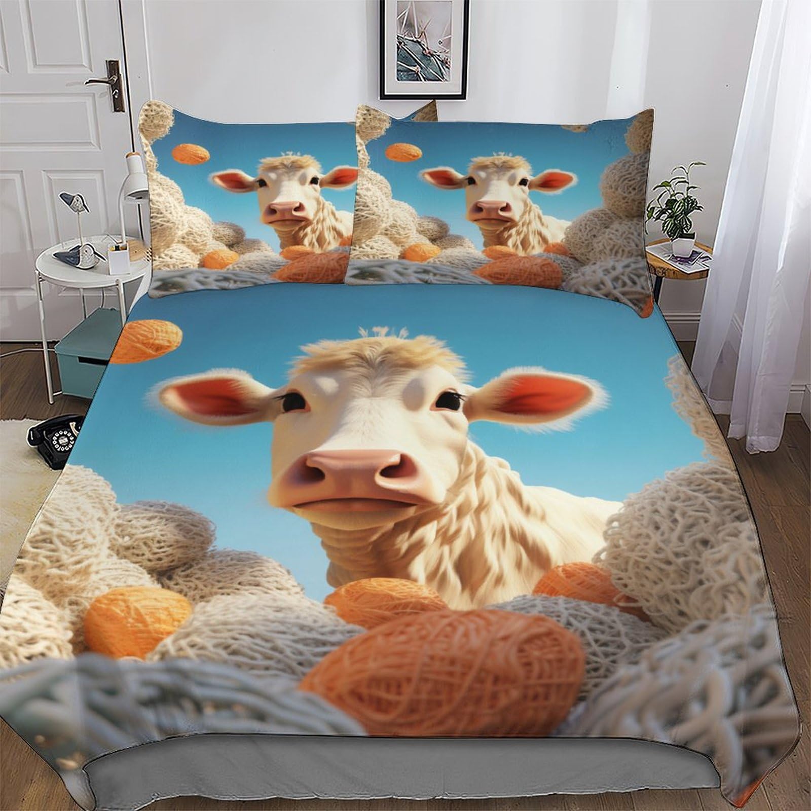 Cute Cow Bedding Quilt Cover 2 Pieces Sets Easy Care Super-Soft Polycotton Comforter Cover Comfortable & Durable Duvet Cover with Pillowcases For Boys Girls Single (135x200cm)