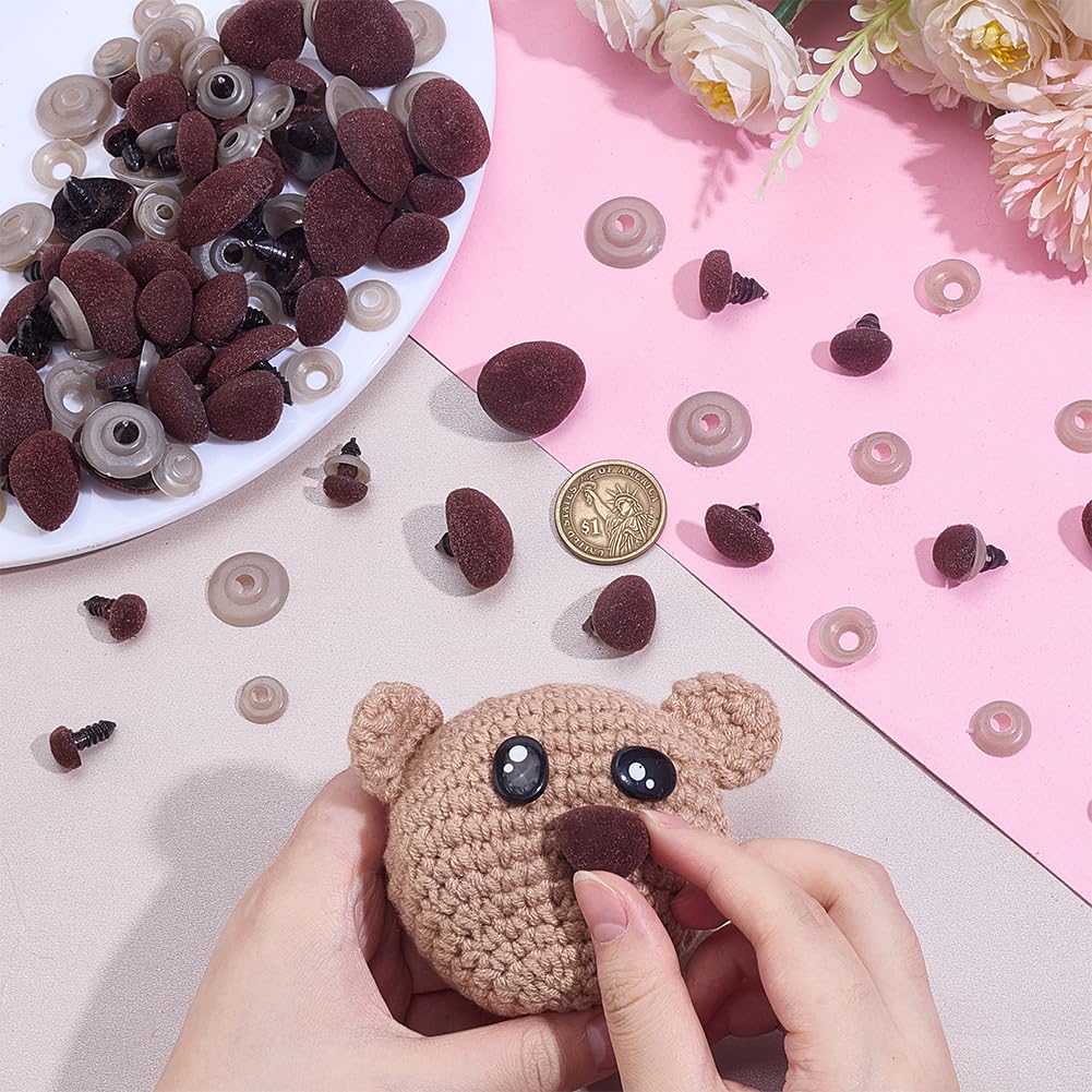 PH PandaHall 120 nasi di sicurezza floccati, 6 dimensioni, a triangolo, in plastica, con rondelle, per amigurumi e progetti di artigianato all'uncinetto, 11-29 mm, marrone