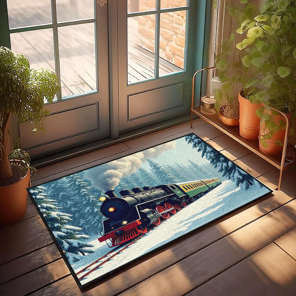 Tapis de bienvenue extérieur pour entrée maison paillasson train enneigé