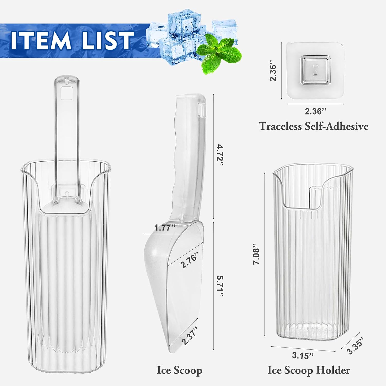 KAWENDE Ice Scoop With Holder - Removable Plastic Scoop for Freezer, Kitchen Countertop Ice Maker, Commercial Machine - Strong Traceless Self-Adhesive