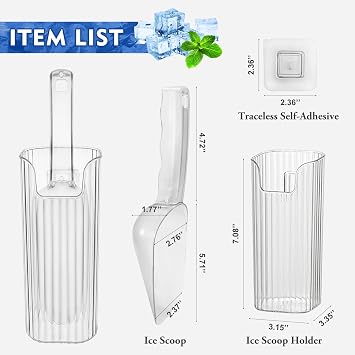 KAWENDE Ice Scoop With Holder - Removable Plastic Scoop for Freezer, Kitchen Countertop Ice Maker, Commercial Machine - Strong Traceless Self-Adhesive