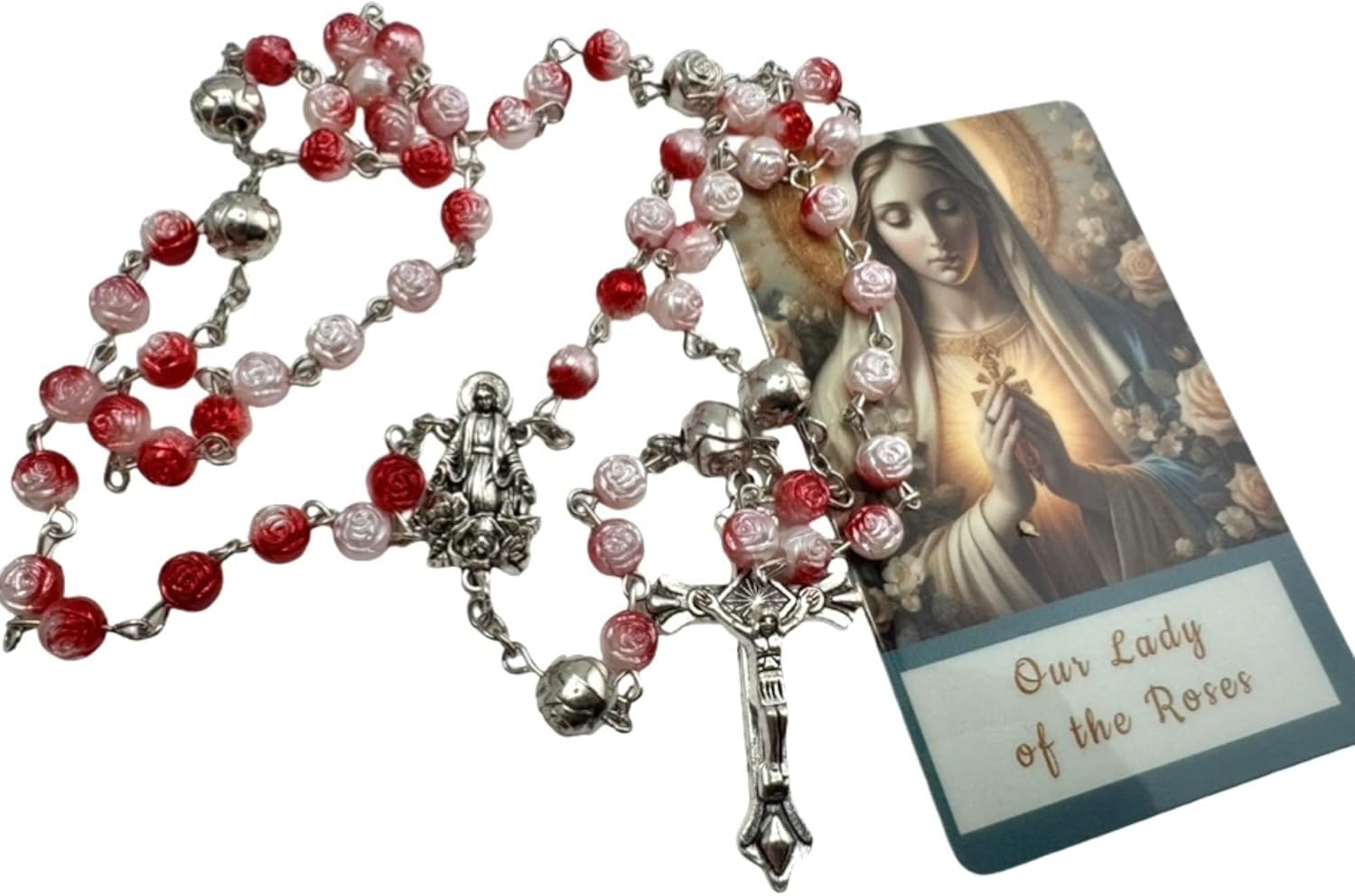 Our Lady of the Rosary Set Rose Shaped Beads with Metal Crucifix Centerpiece and Holy Prayer Card - Image 8
