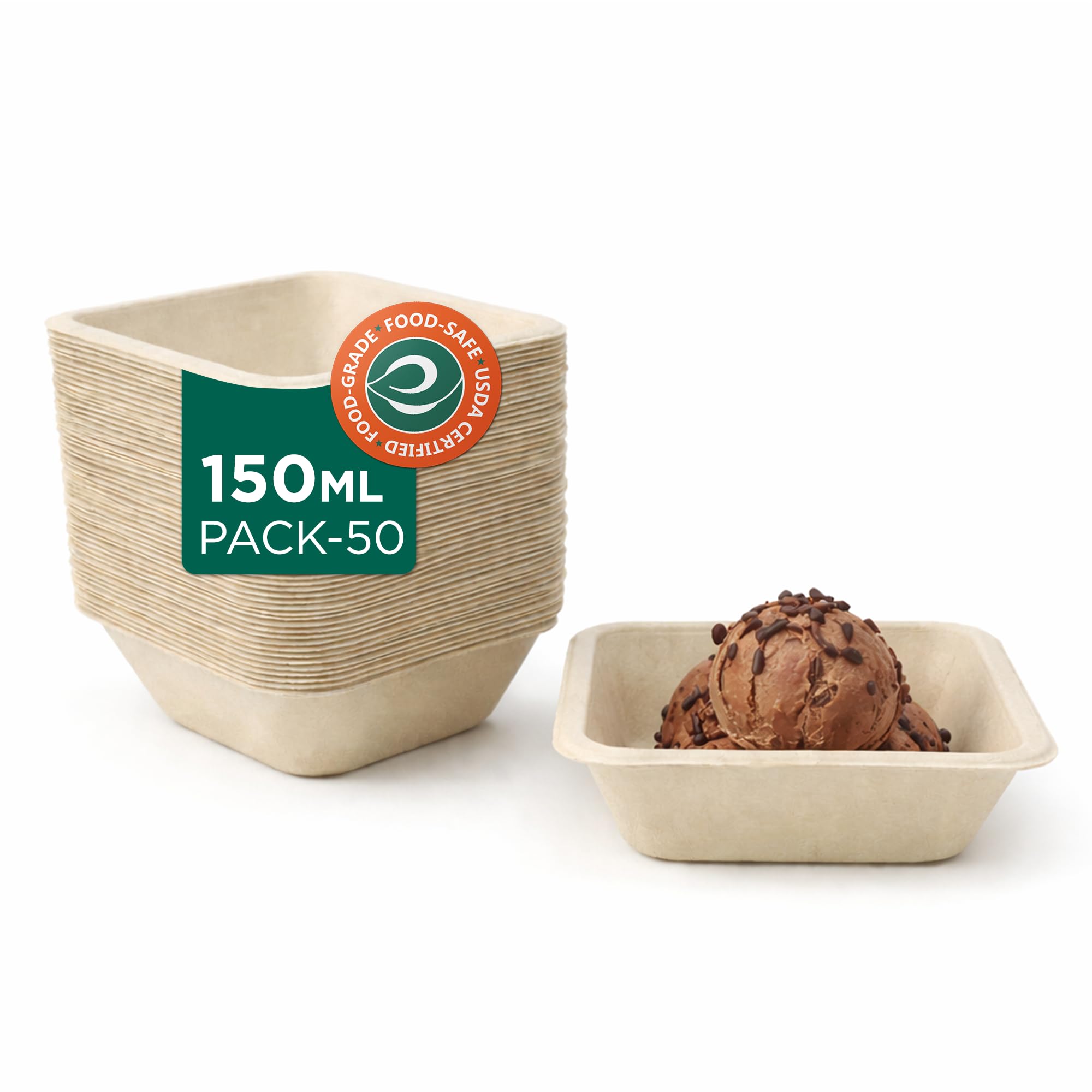 ECO SOUL | 4 Inch Square Bagasse Bowl | 150 ml - Pack of 50 | Eco-Friendly & Non Toxic | Leak-Proof, & Durable | Small Disposable Bowls for Snacks, Chutneys, Desserts & Sauces | Beige