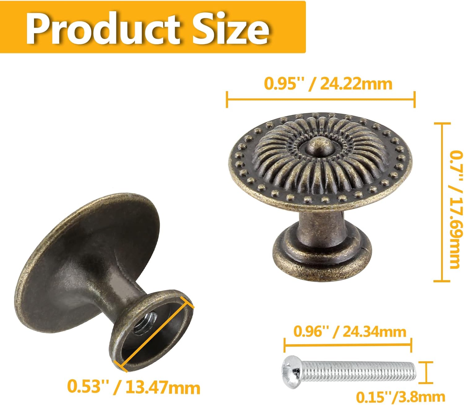 Antique Cabinet Knobs, Metal Bronze Knobs, Vintage Dresser Knob, Single Hole Pull Handle for Furniture Cupboard Closet Wardrobe Pack of 4（Top Diameter: 0.95 Inch/ 24 mm）