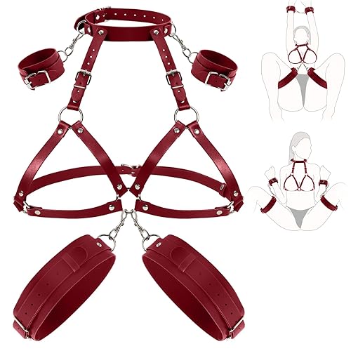 BDSM Sex Bondage Breast Restraints Thigh Sling, Leather Neck to Thigh Chest Restraints Harness Bed Restraints, Wrist & Thigh Cuffs Kinky Lingerie Bra, SM Games Sex Toys for Women & Couples (Red) - Red