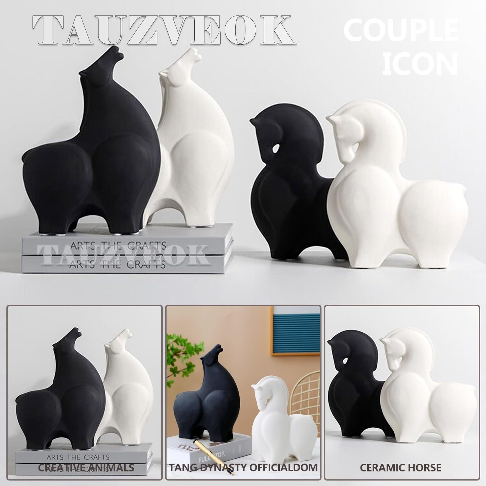 Regalos para Mujeres Escultura Abstracta Moderna de los Caballos la Estatua cerámica Deco del Caballo for Sala Estar Decoración para estanterías(Black B)