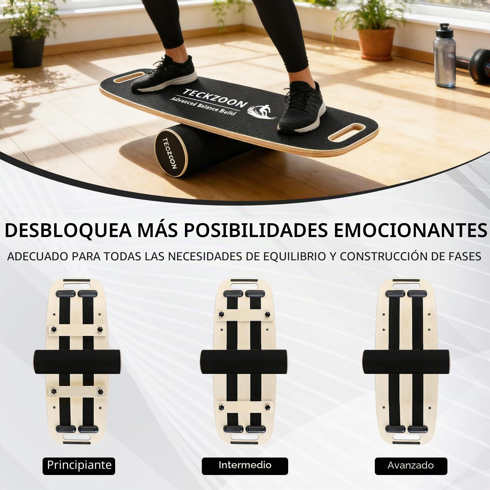Tabla de equilibrio de madera, antideslizante con rodillo de corcho y soporte, entrenador de equilibrio, tabla de pilates, tabla oscilante, accesorio de fisioterapia, monopatín y tabla de