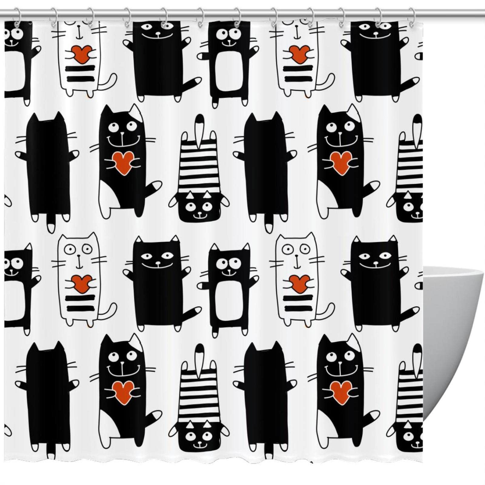 Rideau de douche chat noir et blanc 183x183 cm pour salle de bain moderne