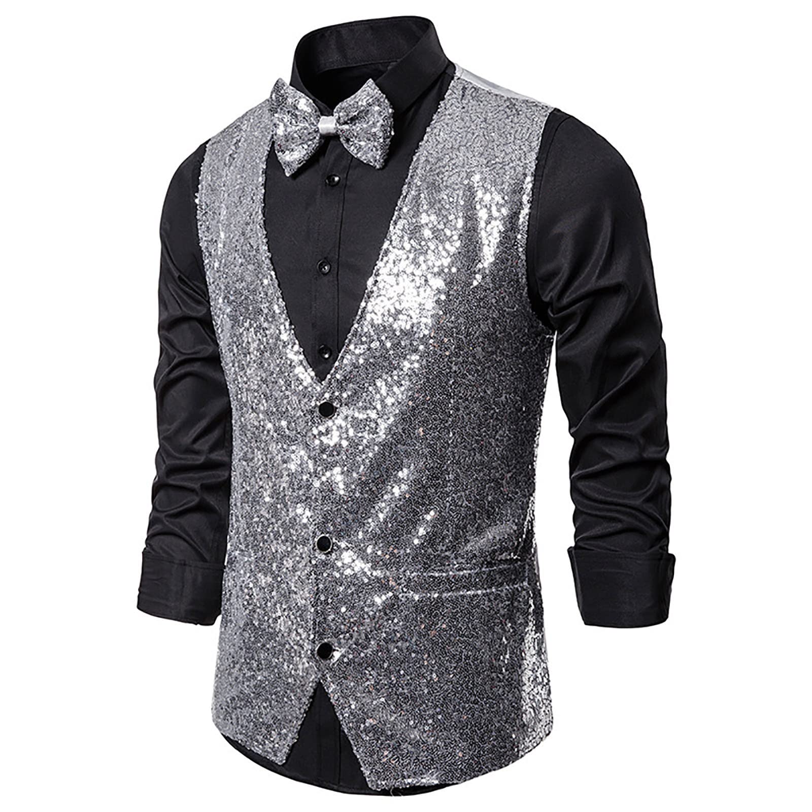 Mens Sequin Vest Formal Business Vest for Suit or Tuxedo Shiny Sparkly Waistcoat Formal Wedding Suit Vintage Outfits Silver