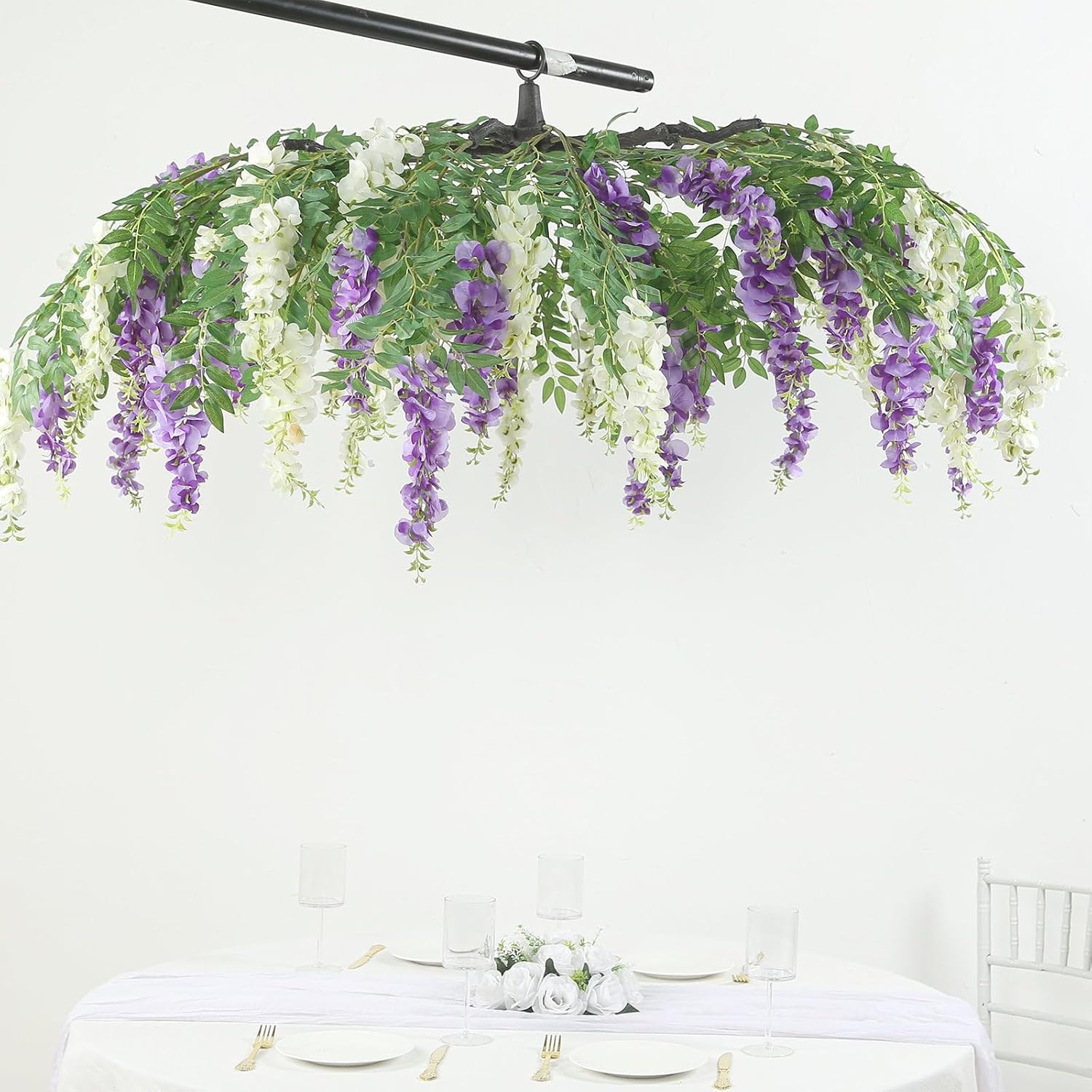 Efavormart 55" Cream Purple Wisteria Hanging Canopy, 24-Branch Heavy-Duty Floral Chandelier for Royal Weddings and Ballroom Ceilings