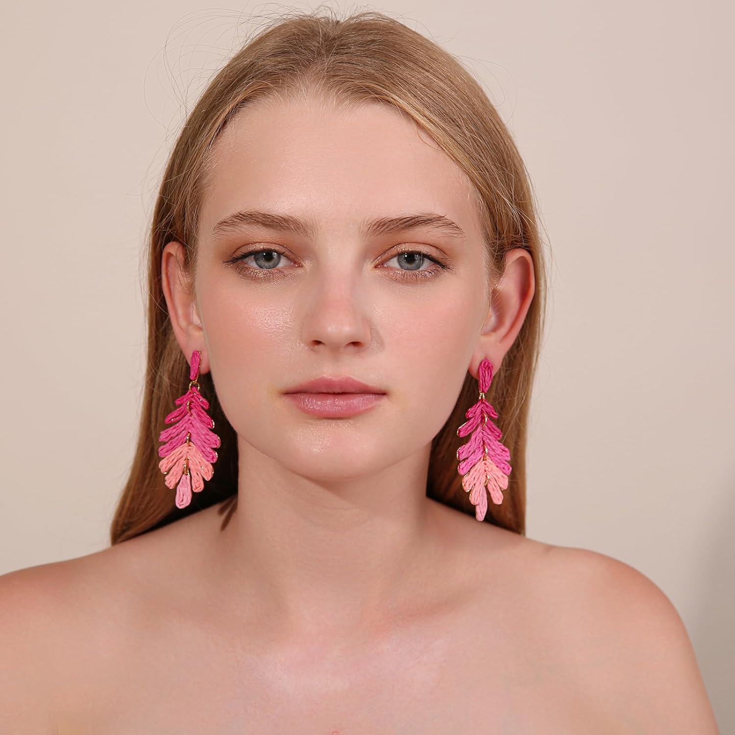 Raffia Long Palm Leaf Earrings, Colorful Handmade Rattan Leaf Drop Dangle Earrings Summer Tropical Beach Jewelry - Image 2